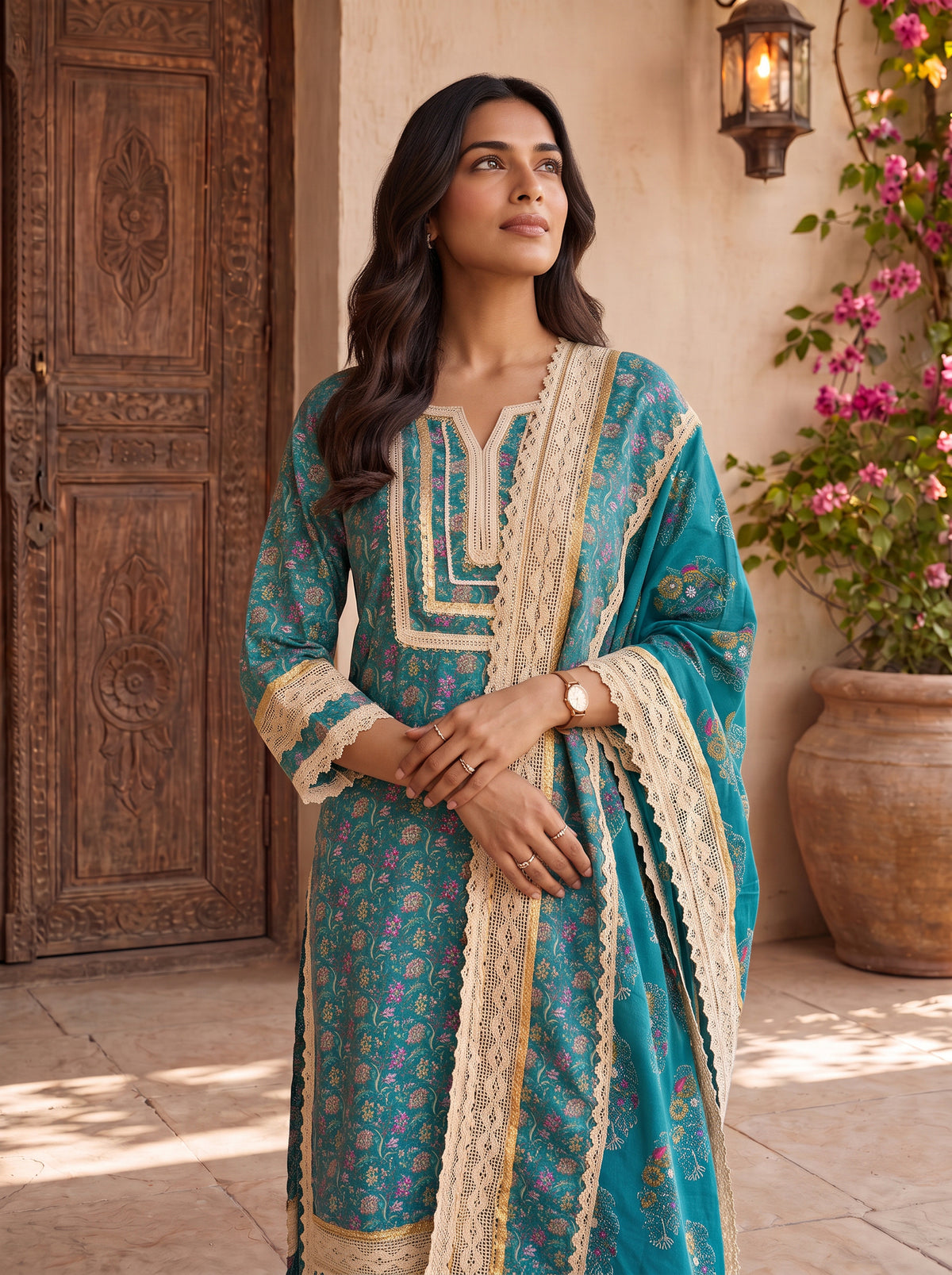 Buy Cotton Embroidered Straight Calf Length Kurta With Pant and Dupatta-Blue