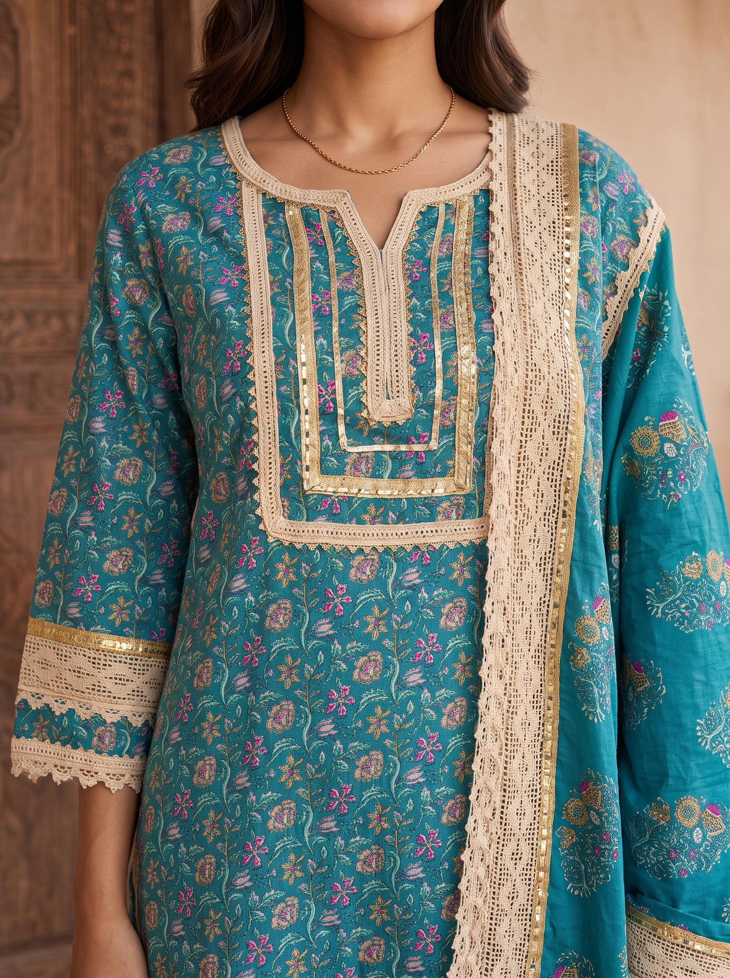 Buy Cotton Embroidered Straight Calf Length Kurta With Pant and Dupatta-Blue