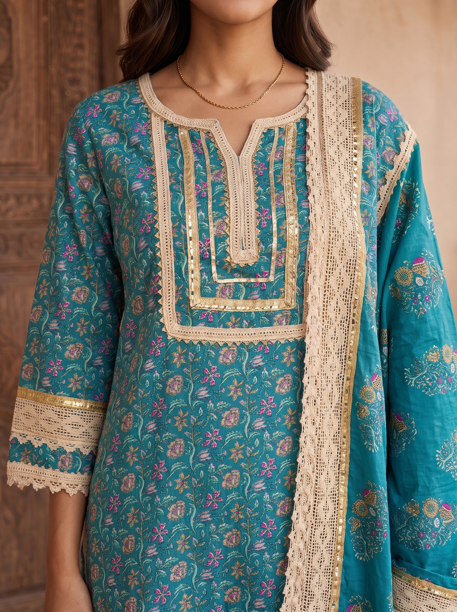 Cotton Embroidered Straight Calf Length Kurta With Pant and Dupatta
