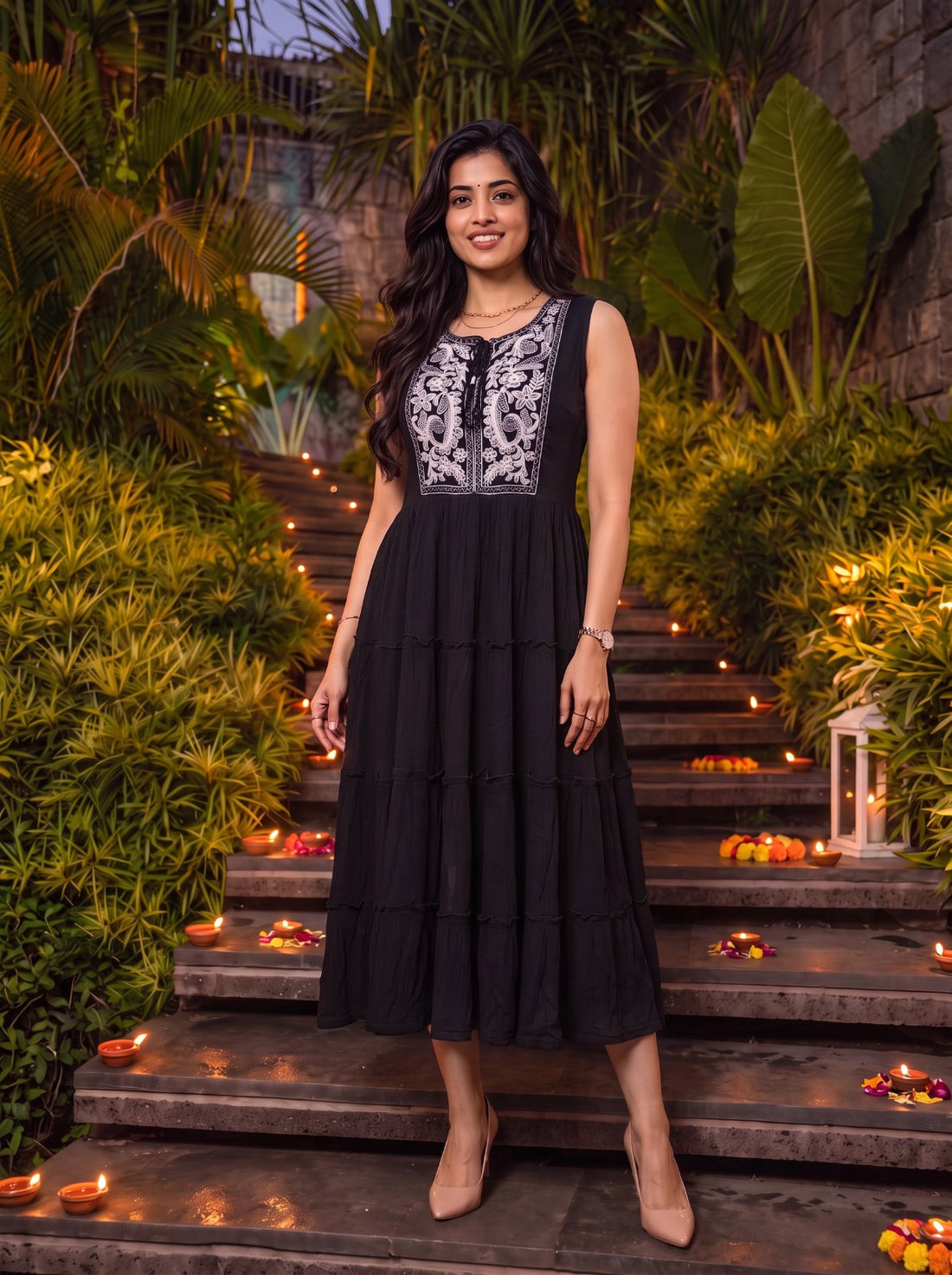 Buy Rayon Embroidered Flared Calf Length Dress-Black