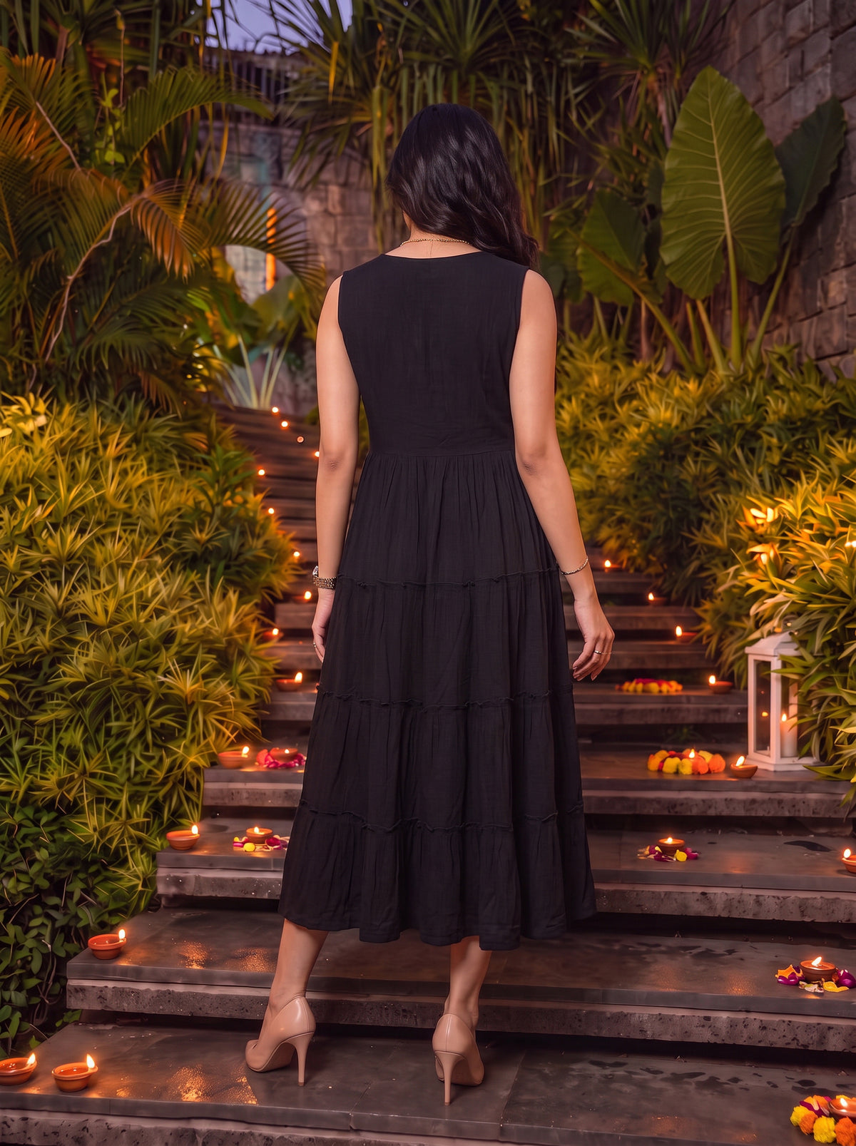 Buy Rayon Embroidered Flared Calf Length Dress-Black