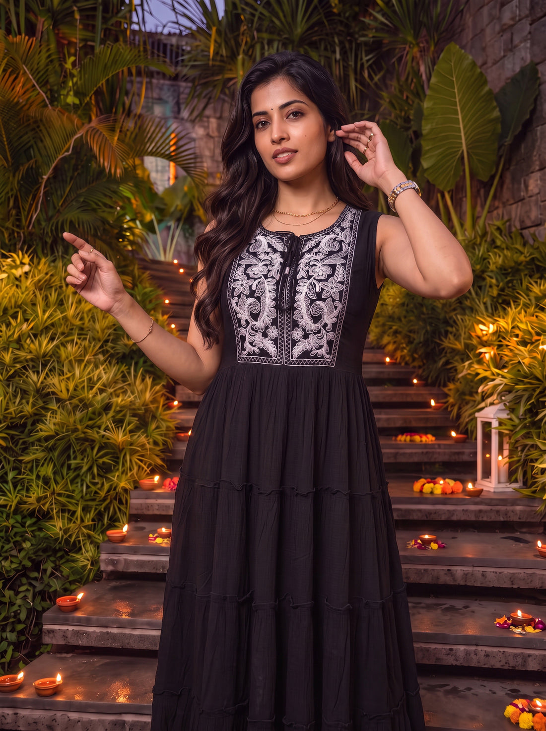 Buy Rayon Embroidered Flared Calf Length Dress-Black