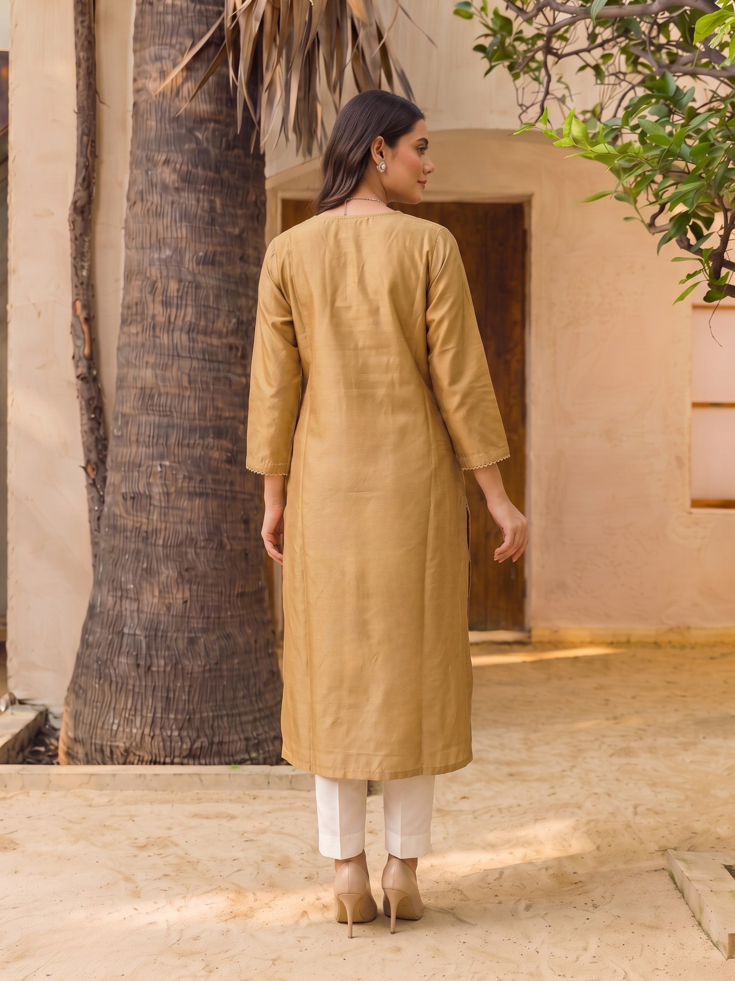 Buy Viscose Embroidered Straight Calf Length Kurta-Beige