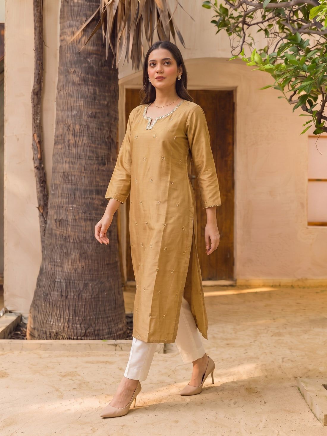 Buy Viscose Embroidered Straight Calf Length Kurta-Beige