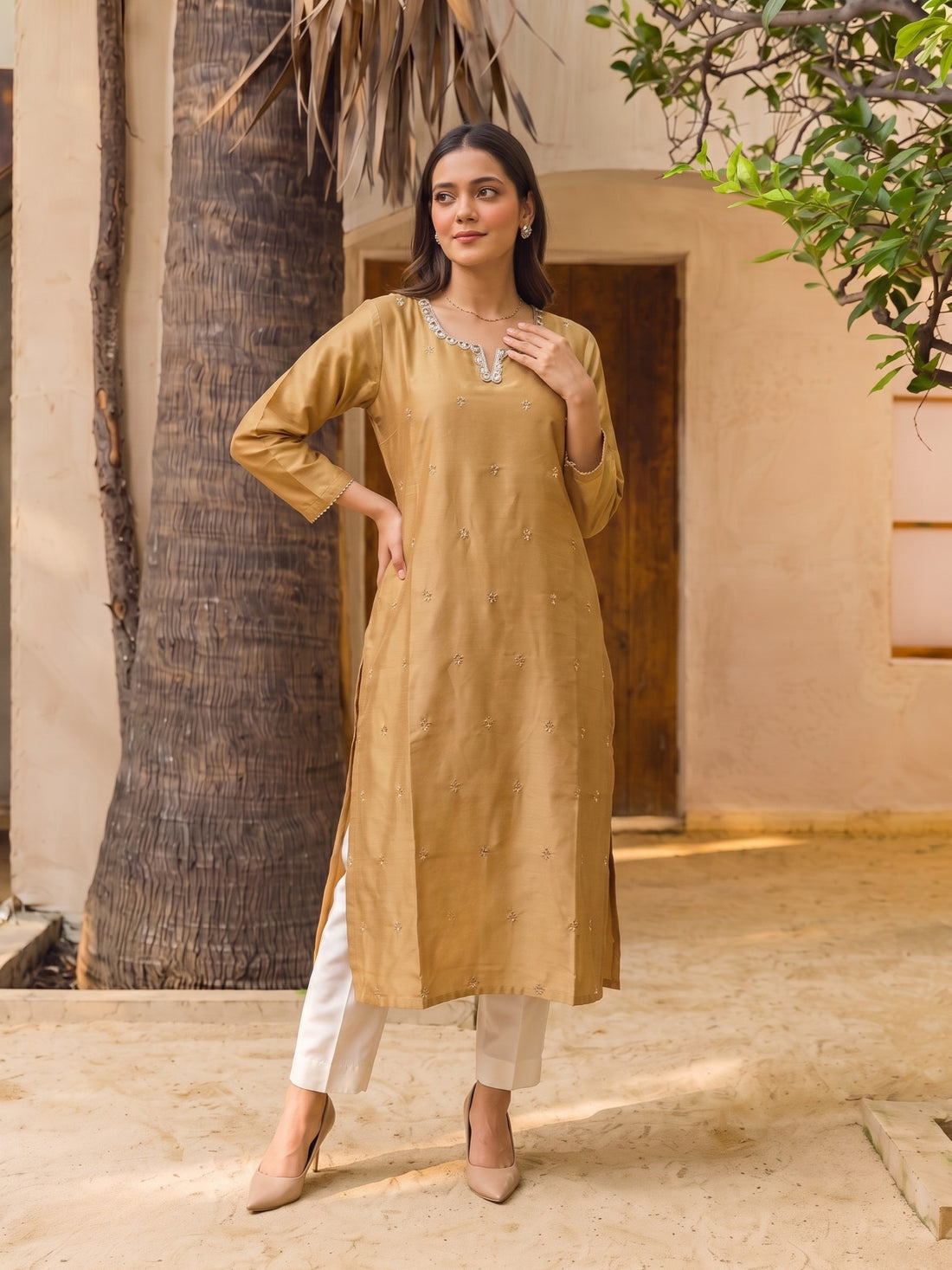 Buy Viscose Embroidered Straight Calf Length Kurta-Beige