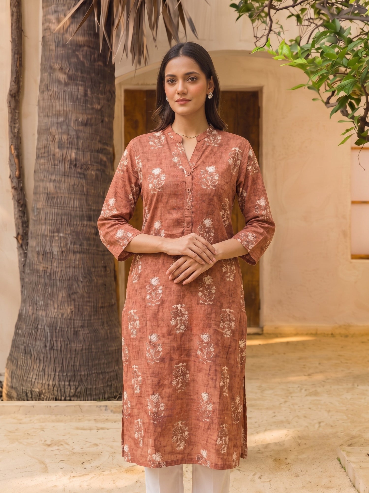 Buy Rayon Printed Straight Calf Length Kurta-Rust