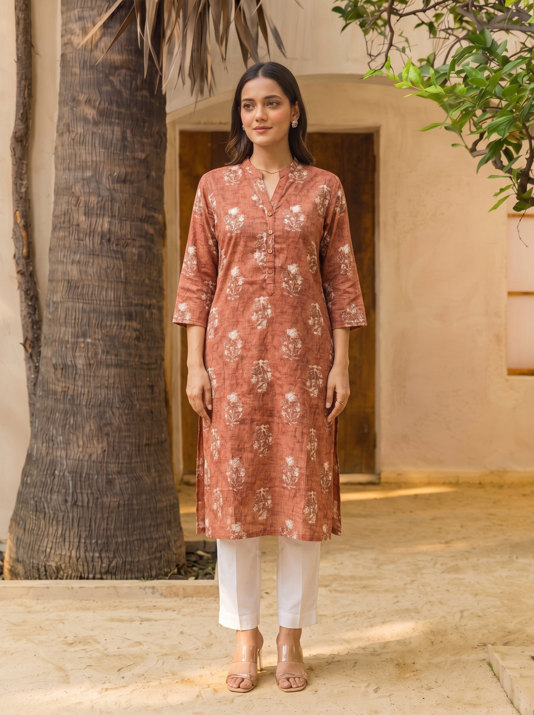 Buy Rayon Printed Straight Calf Length Kurta-Rust