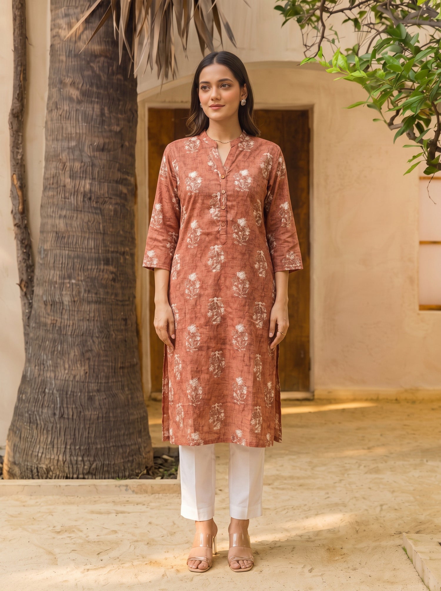 Buy Rayon Printed Straight Calf Length Kurta-Rust