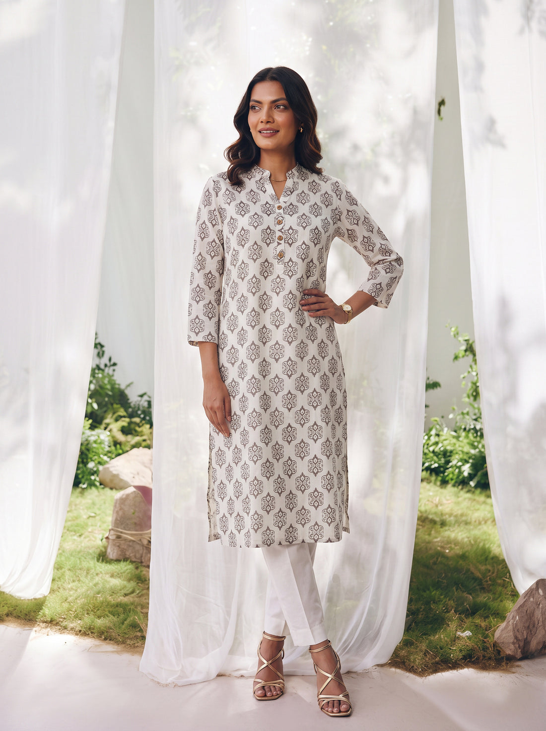 Buy Rayon Printed Straight Calf Length Kurta-Off White
