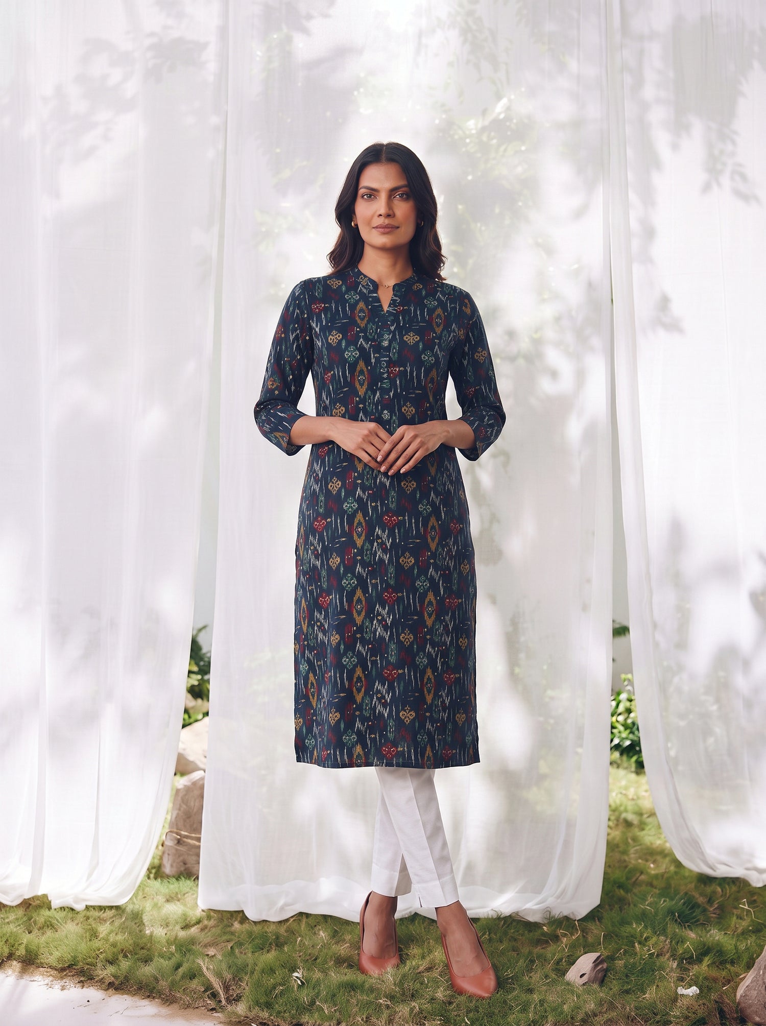 Buy Rayon Printed Straight Calf Length Kurta-Blue