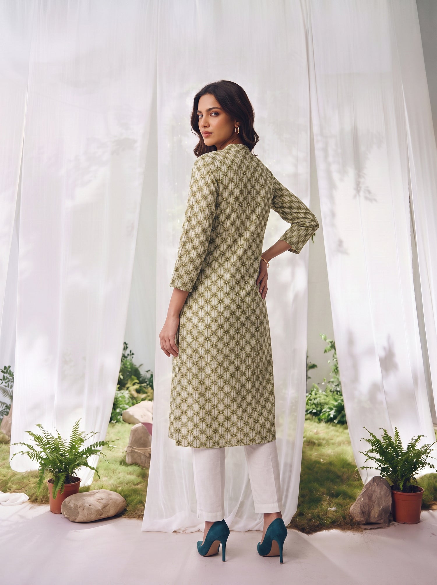 Buy Rayon Printed Straight Calf Length Kurta-Green