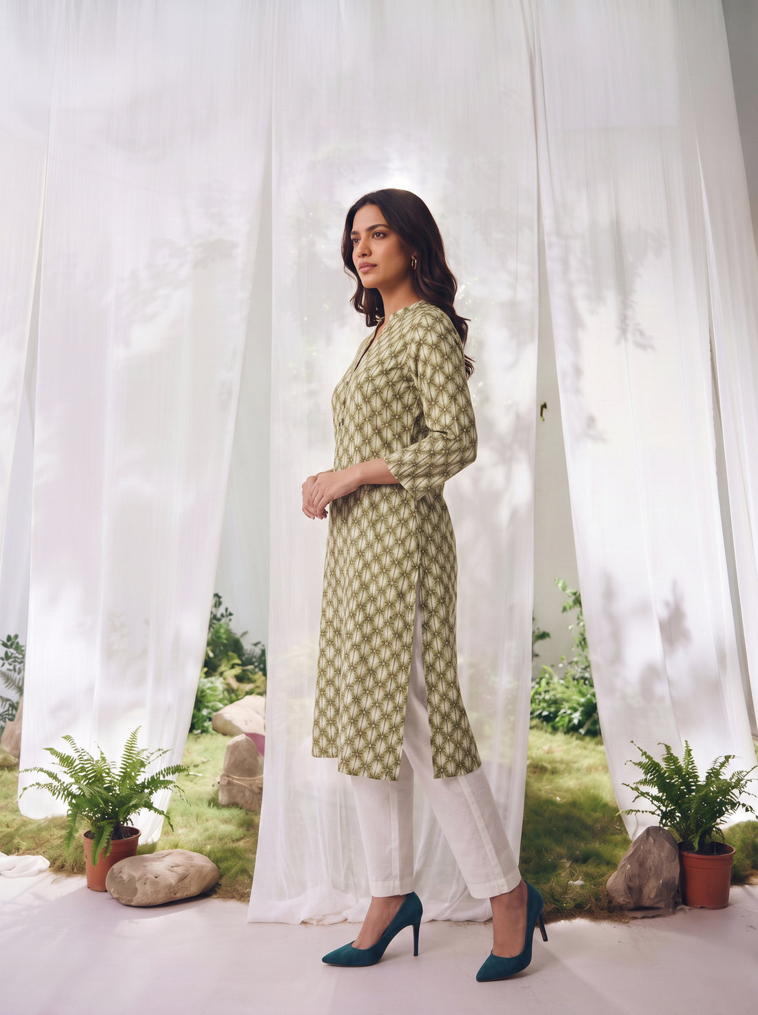 Buy Rayon Printed Straight Calf Length Kurta-Green