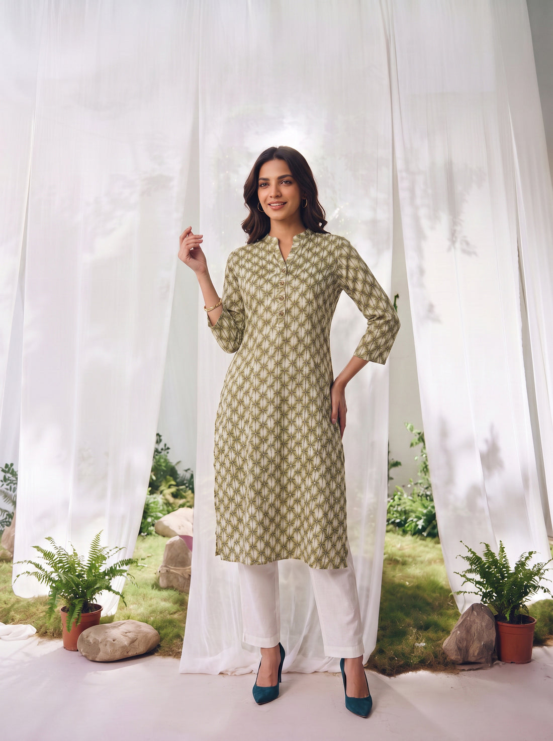 Buy Rayon Printed Straight Calf Length Kurta-Green