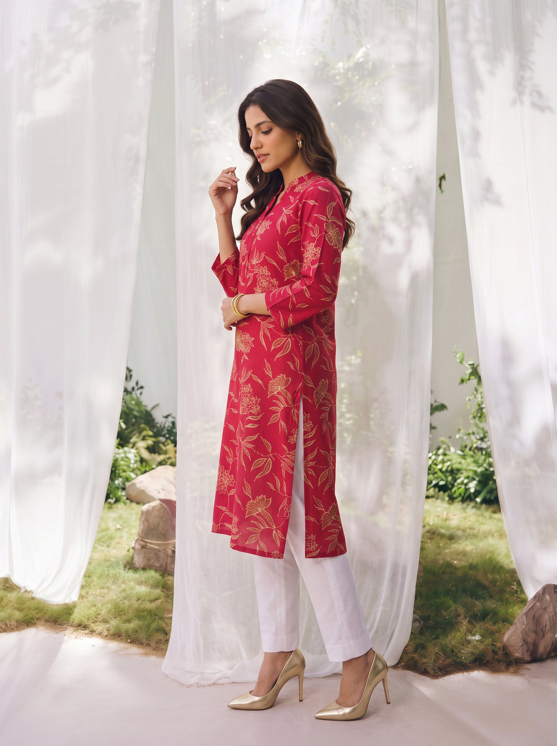 Buy Rayon Printed Straight Calf Length Kurta-Red