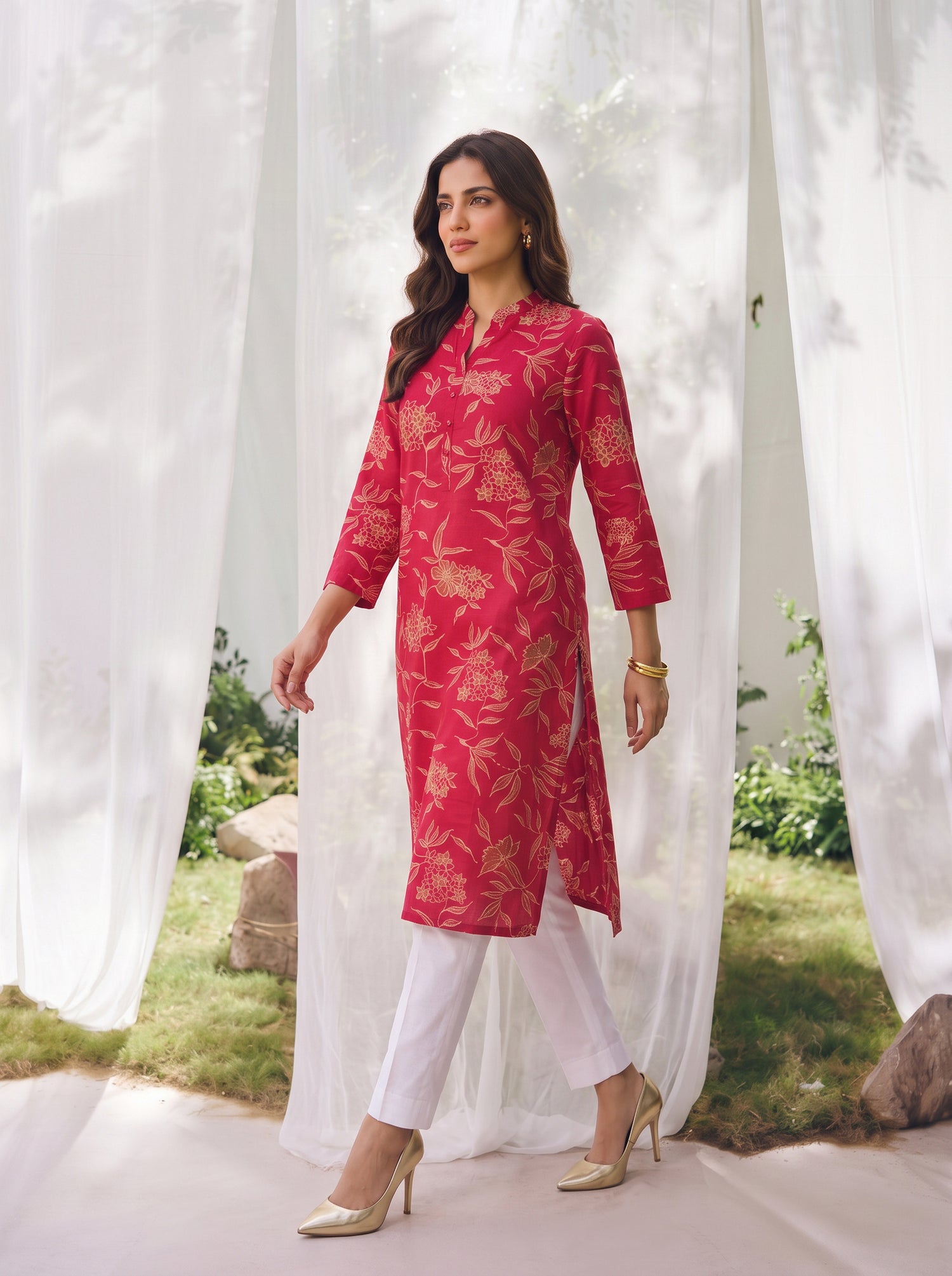 Buy Rayon Printed Straight Calf Length Kurta-Red