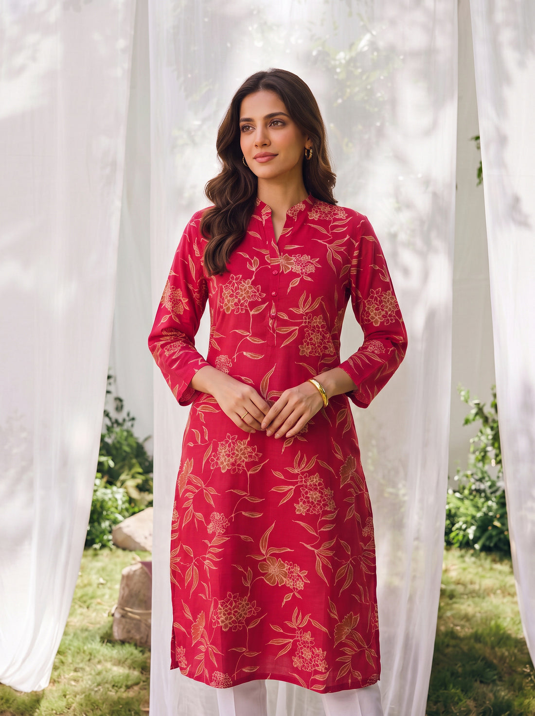 Buy Rayon Printed Straight Calf Length Kurta-Red