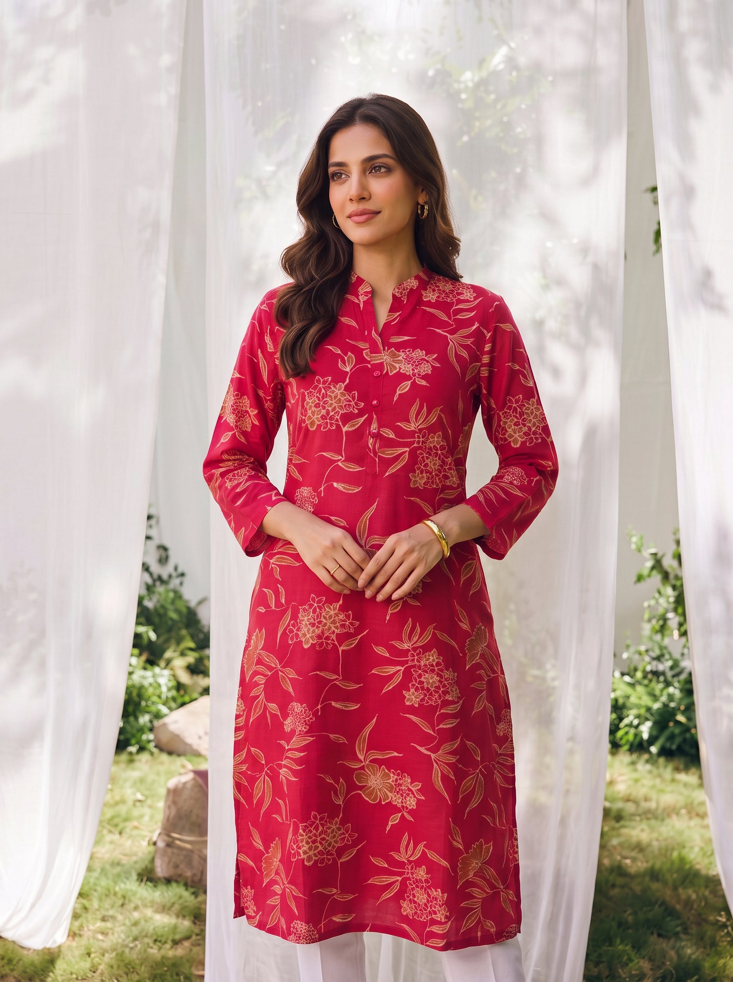 Buy Rayon Printed Straight Calf Length Kurta-Red