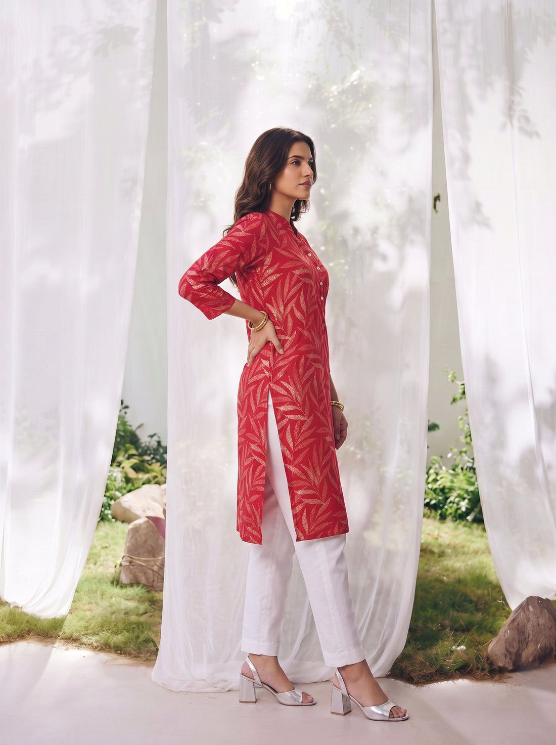 Buy Rayon Printed Straight Calf Length Kurta-Red