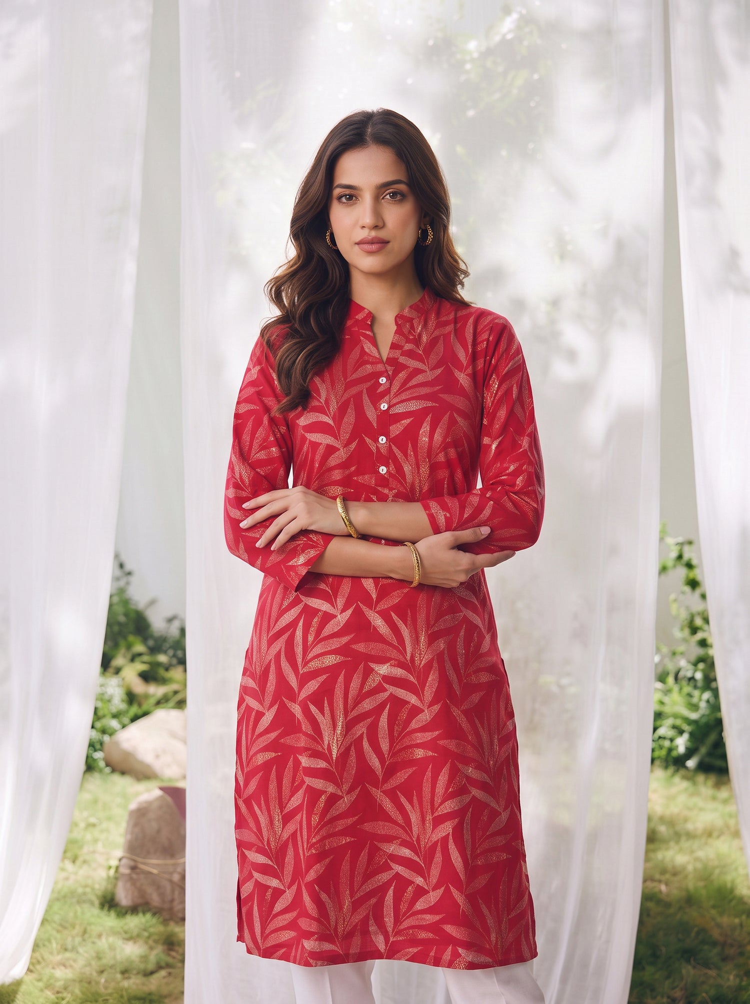 Buy Rayon Printed Straight Calf Length Kurta-Red