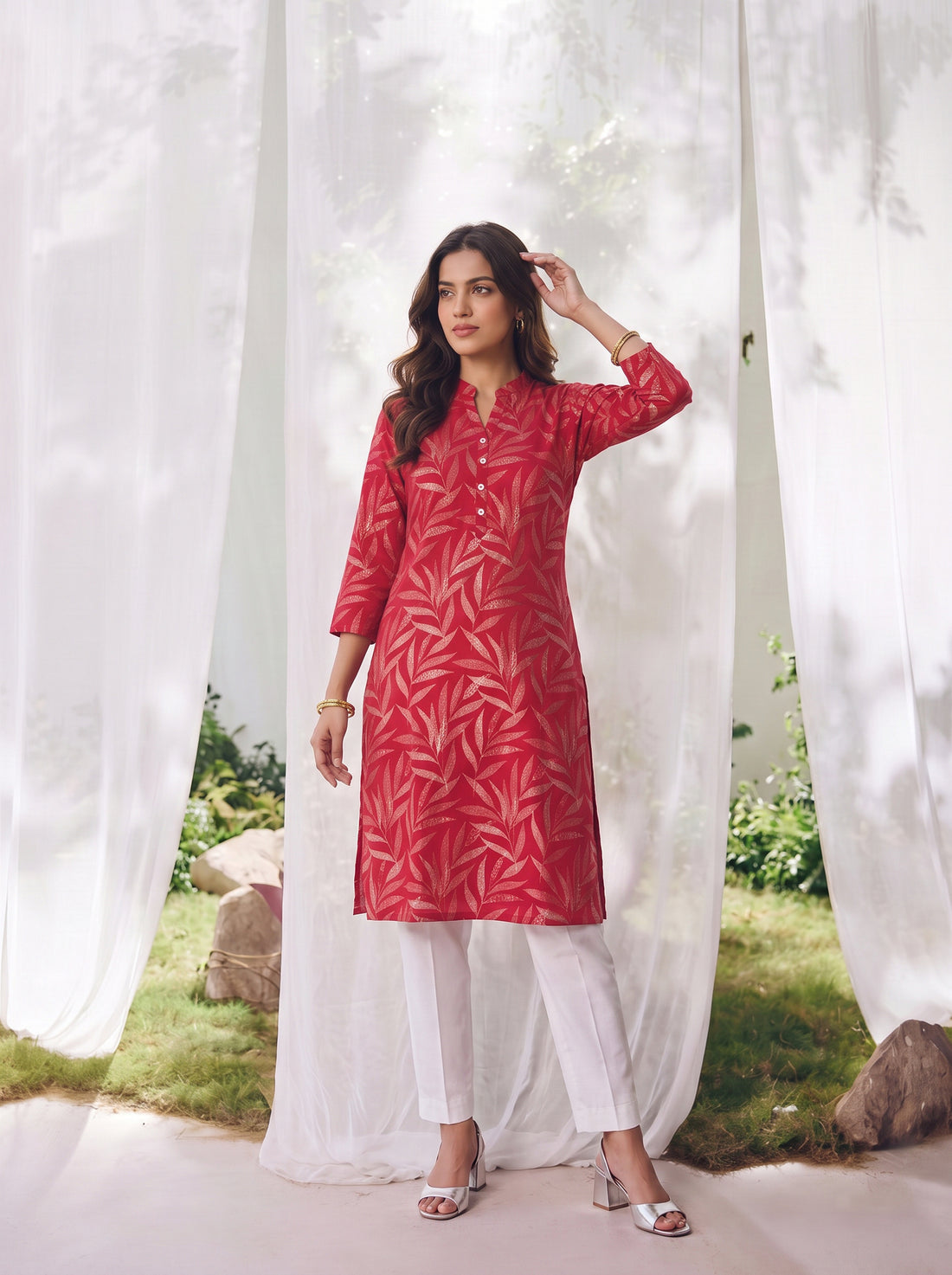 Buy Rayon Printed Straight Calf Length Kurta-Red