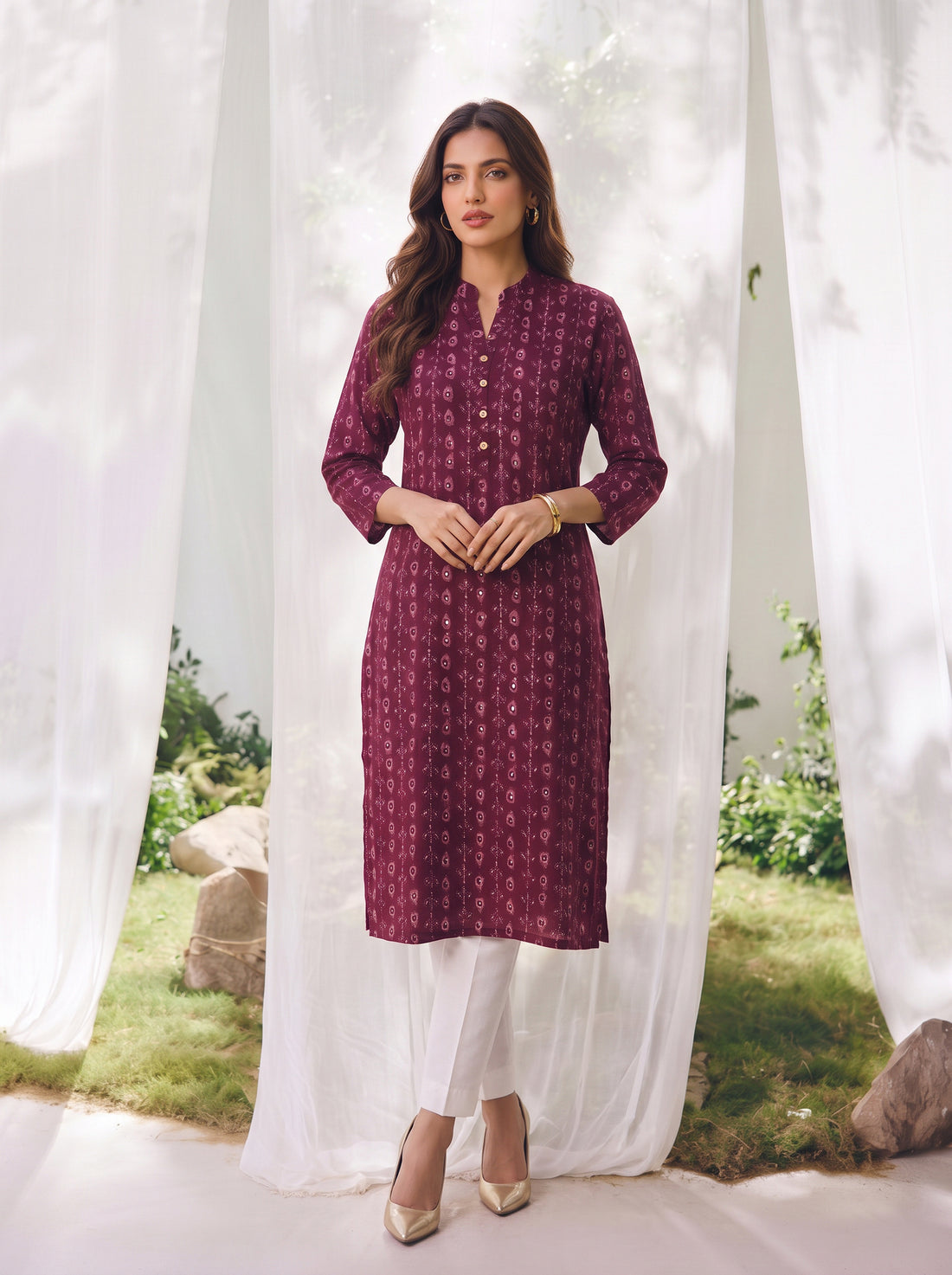 Buy Rayon Printed Straight Calf Length Kurta-Maroon