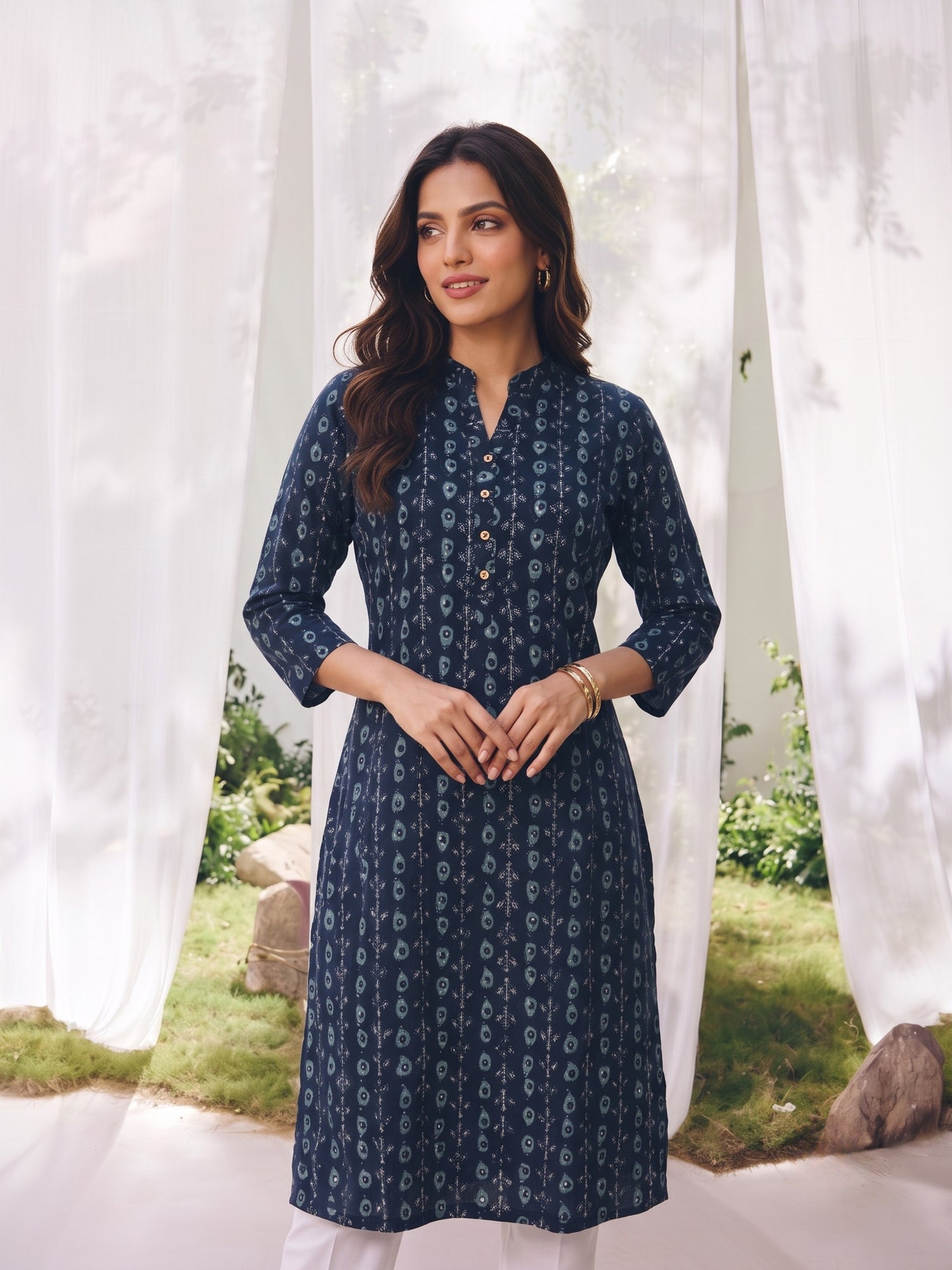 Buy Rayon Printed Straight Calf Length Kurta-Blue