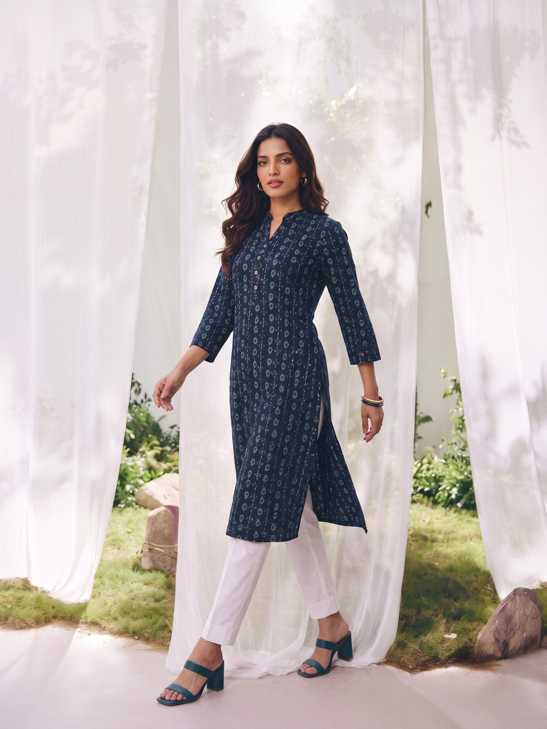 Buy Rayon Printed Straight Calf Length Kurta-Blue