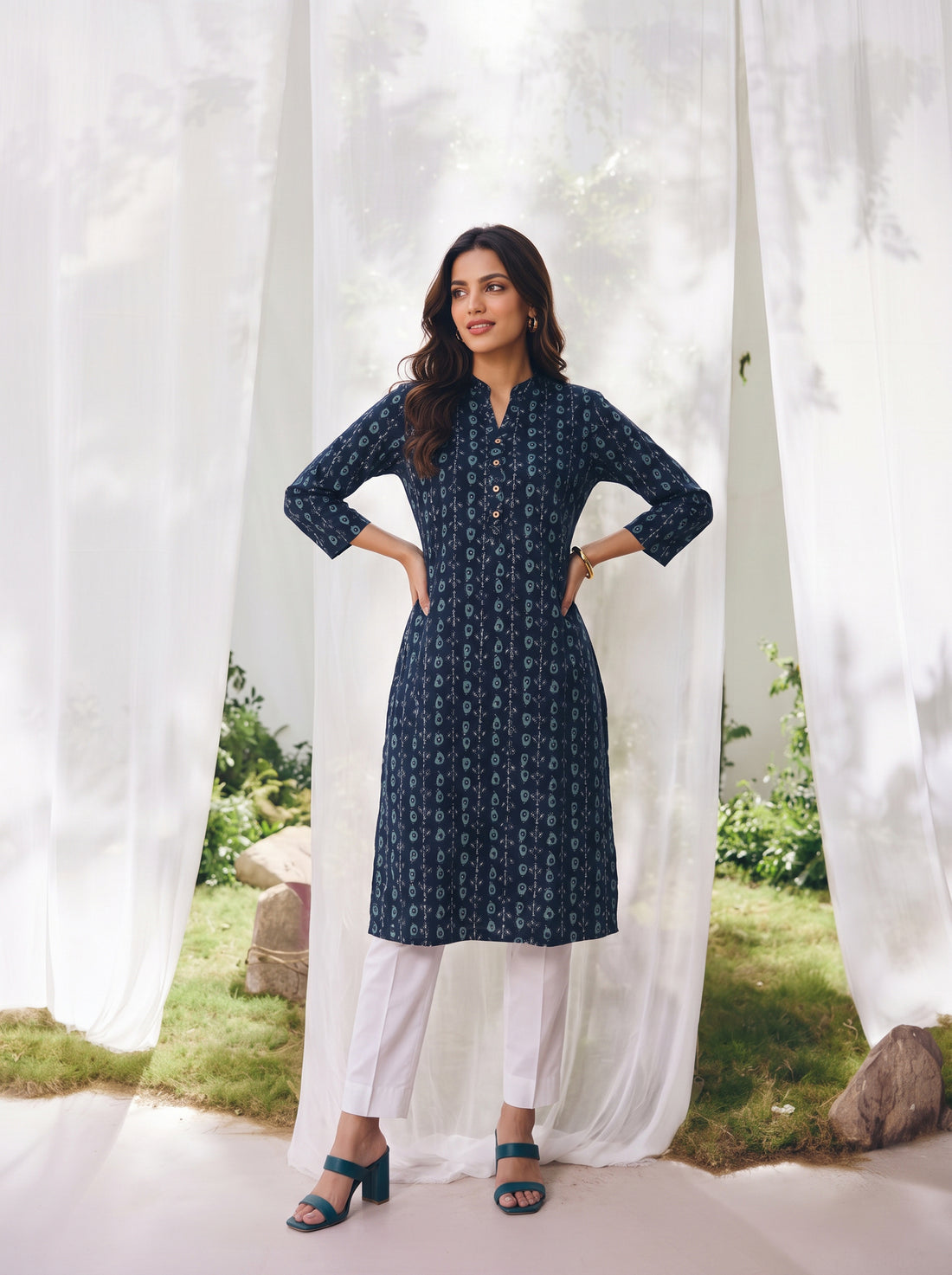 Buy Rayon Printed Straight Calf Length Kurta-Blue