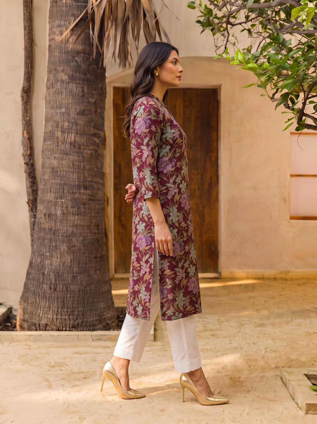 Buy Rayon Printed Straight Calf Length Kurta-Wine