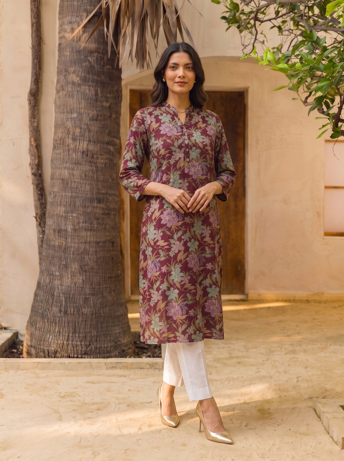 Buy Rayon Printed Straight Calf Length Kurta-Wine