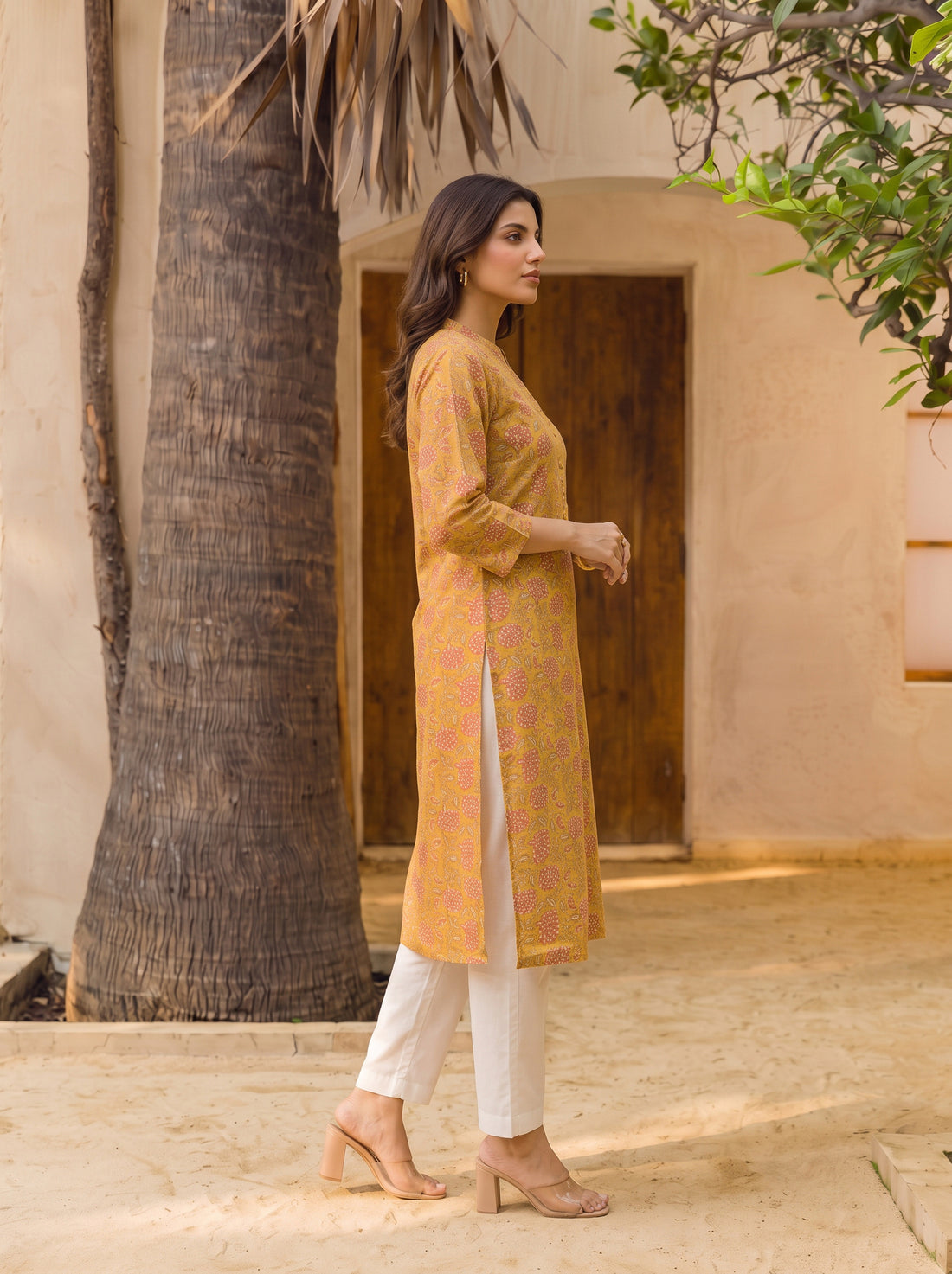 Buy Cotton Printed Straight Calf Length Kurta-Mustard