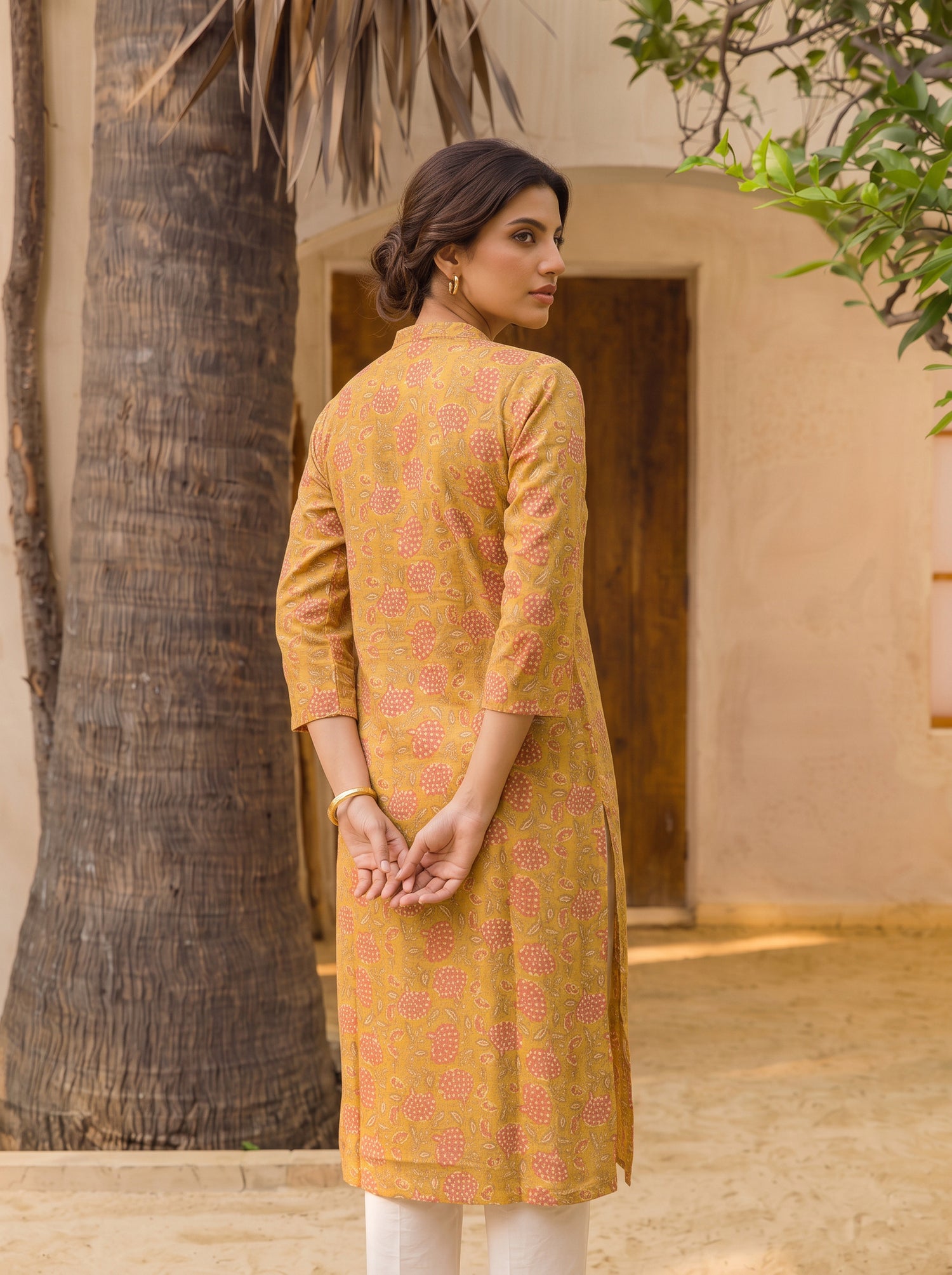 Buy Cotton Printed Straight Calf Length Kurta-Mustard