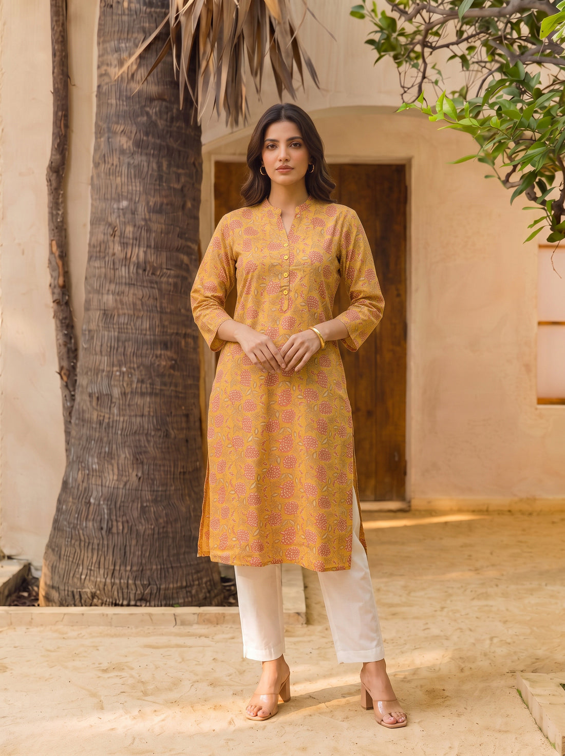 Buy Cotton Printed Straight Calf Length Kurta-Mustard