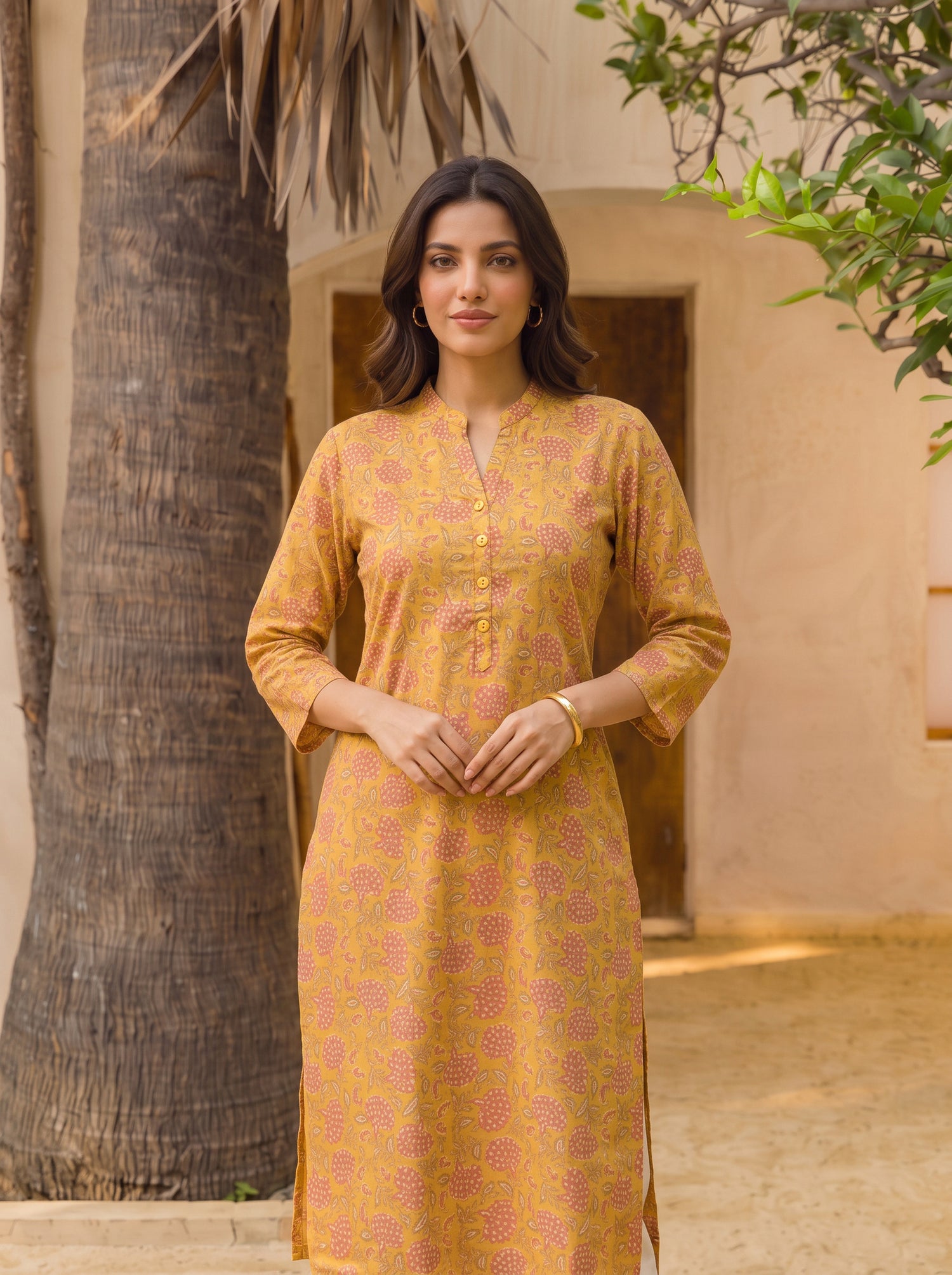 Buy Cotton Printed Straight Calf Length Kurta-Mustard