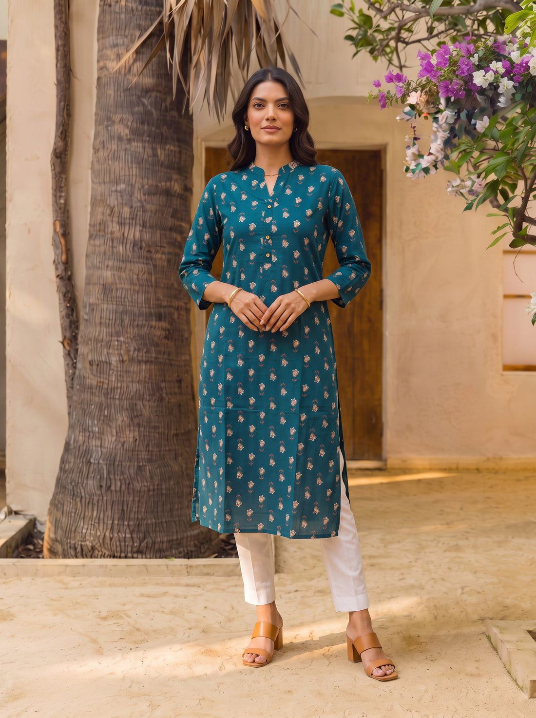 Buy Cotton Printed Straight Calf Length Kurta-Teal