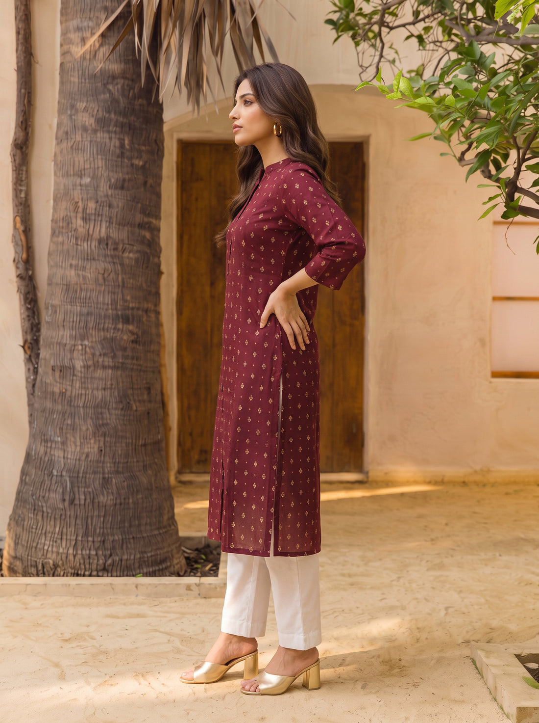 Buy Rayon Printed Straight Calf Length Kurta-Maroon