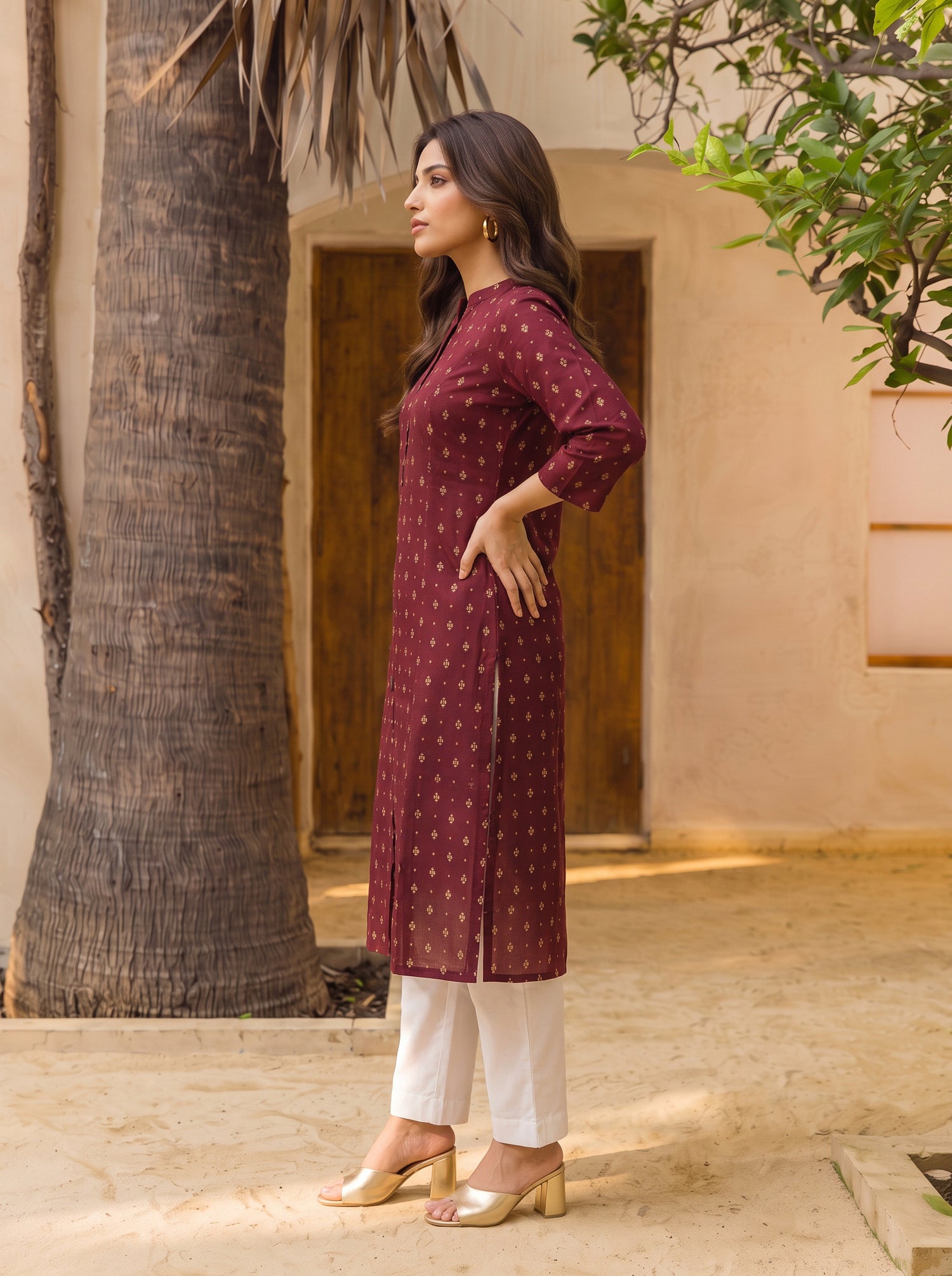 Buy Rayon Printed Straight Calf Length Kurta-Maroon