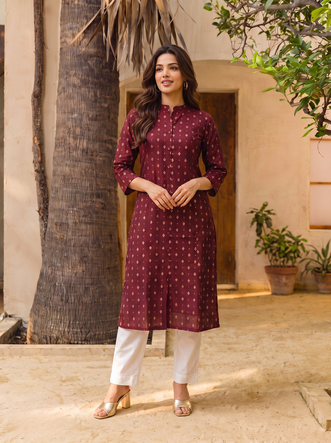 Buy Rayon Printed Straight Calf Length Kurta-Maroon
