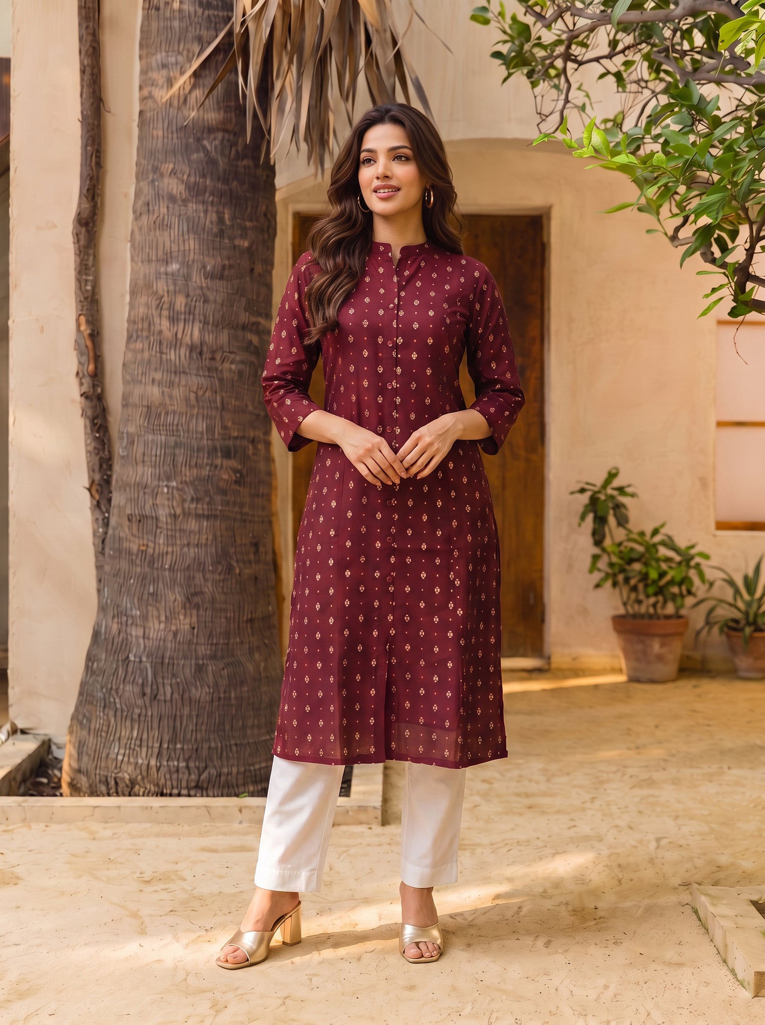 Buy Rayon Printed Straight Calf Length Kurta-Maroon
