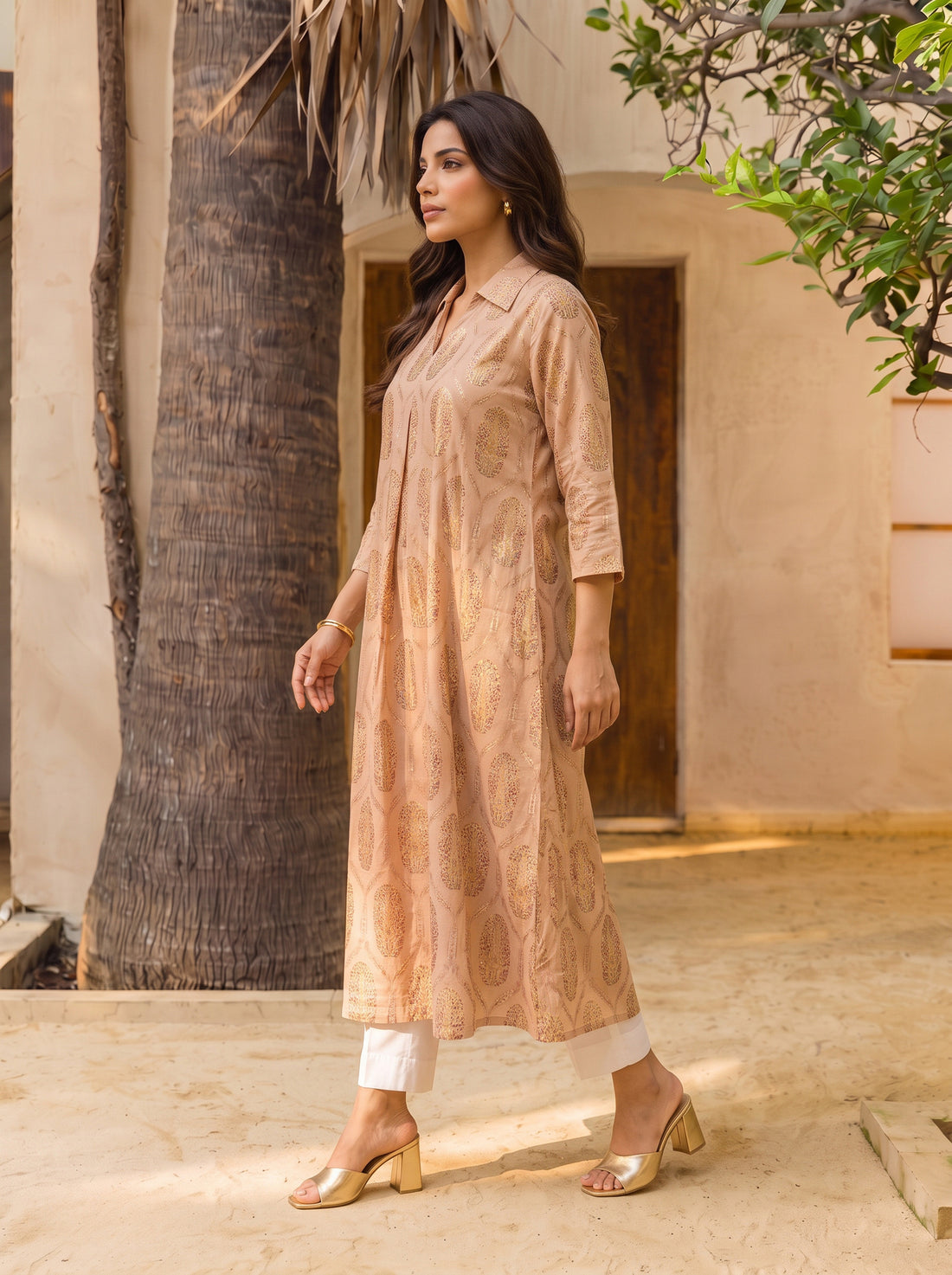 Buy Rayon Printed Straight Calf Length Kurta-Beige