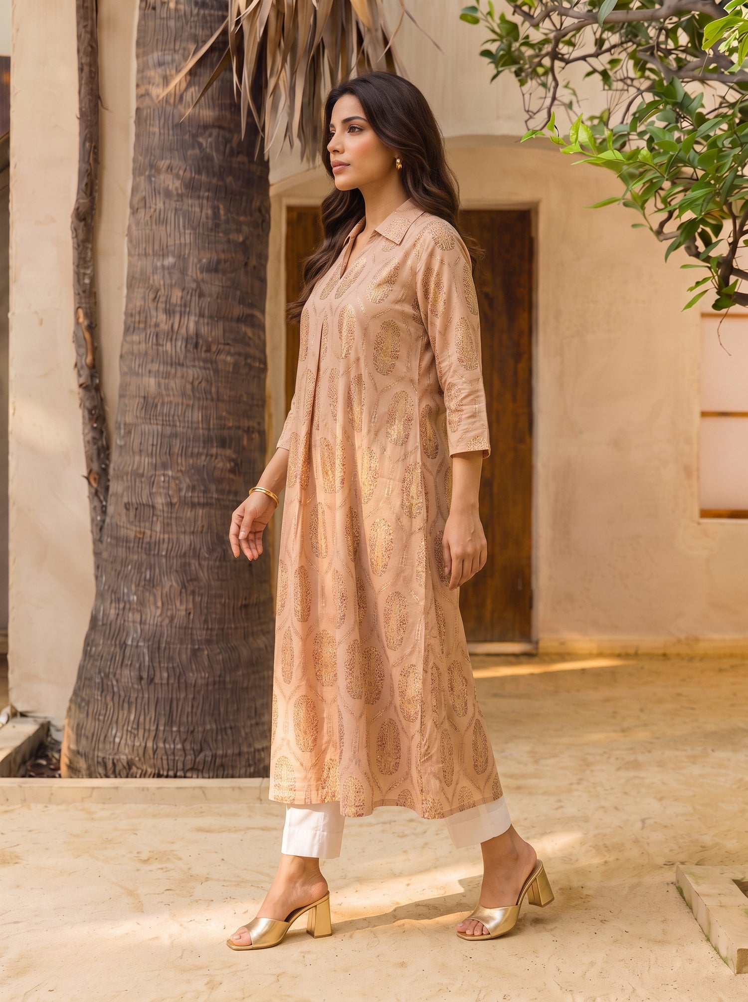Buy Rayon Printed Straight Calf Length Kurta-Beige