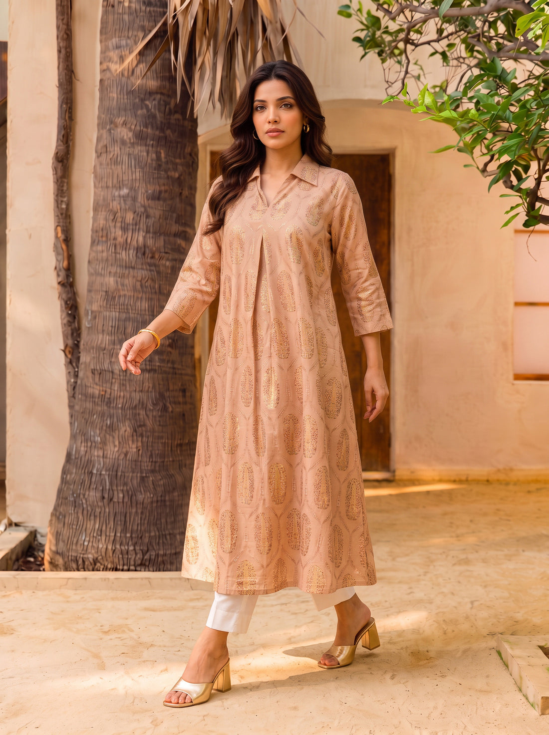 Buy Rayon Printed Straight Calf Length Kurta-Beige