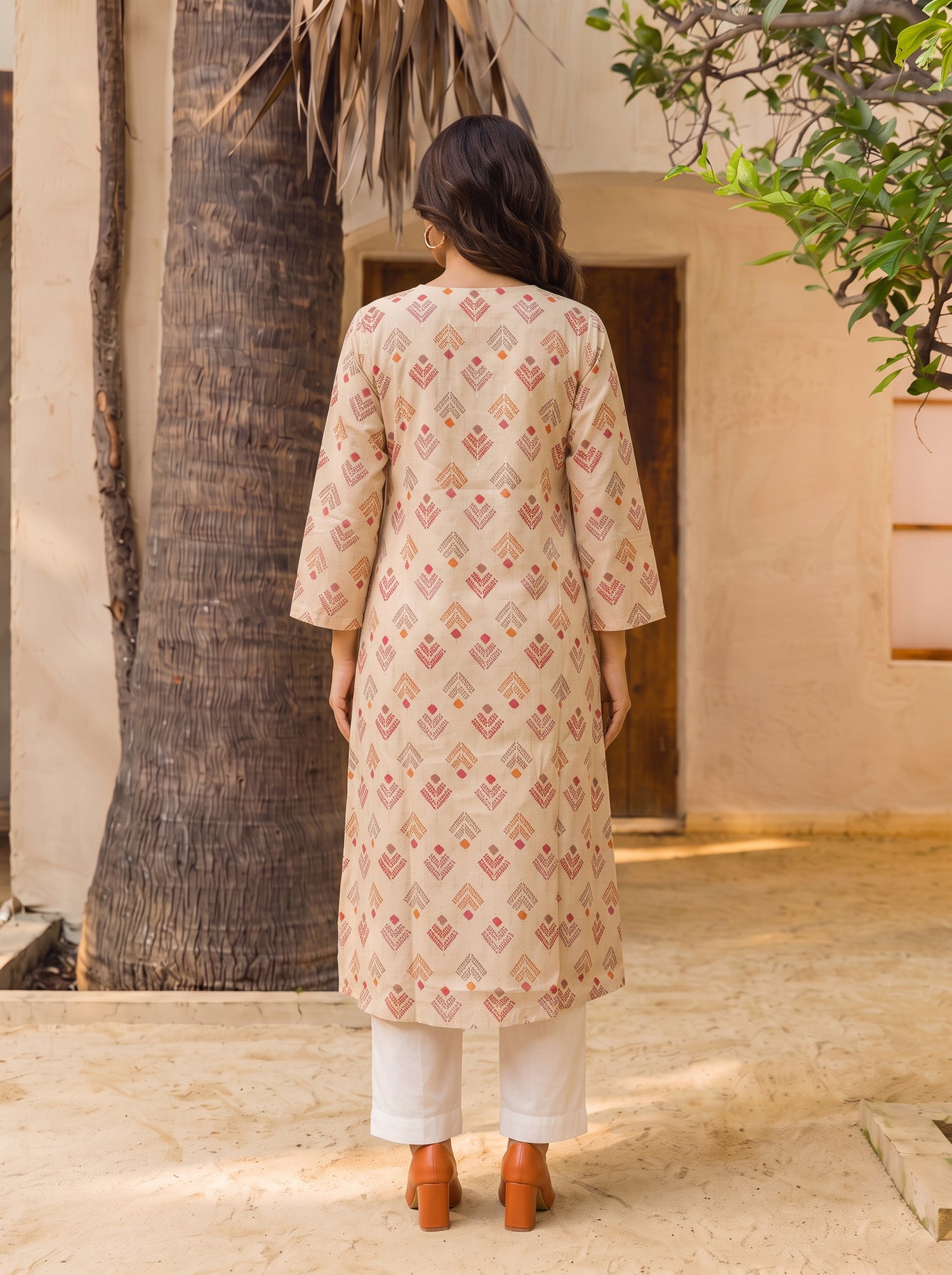 Buy Rayon Printed Straight Calf Length Kurta-Cream