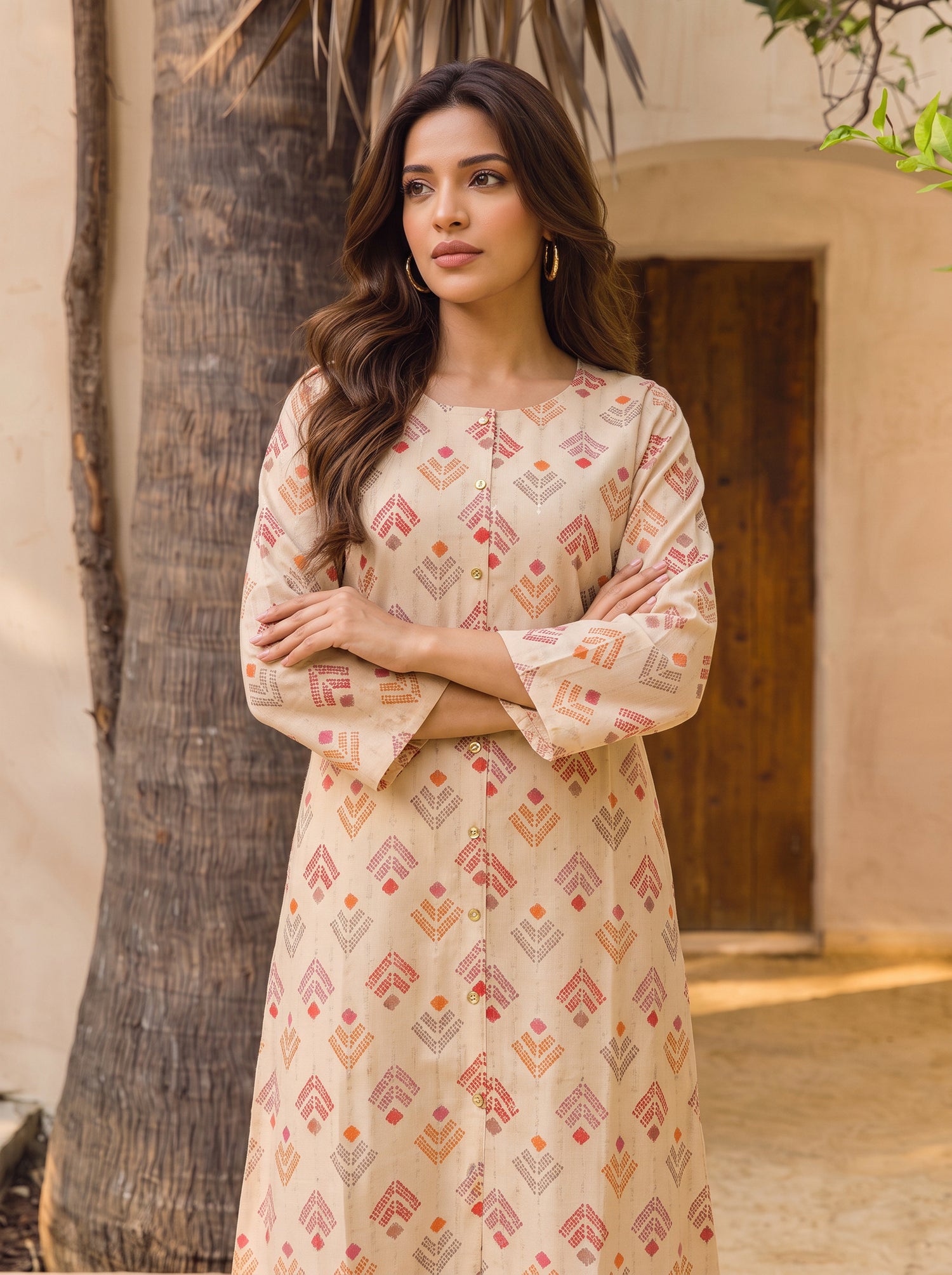 Buy Rayon Printed Straight Calf Length Kurta-Cream