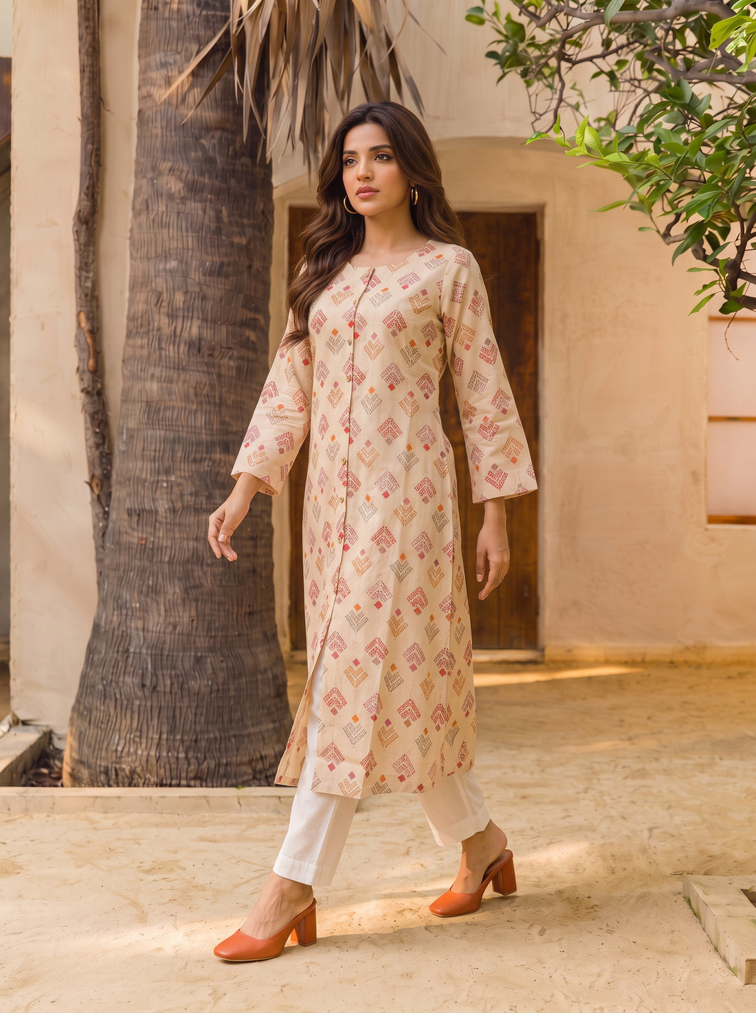 Buy Rayon Printed Straight Calf Length Kurta-Cream