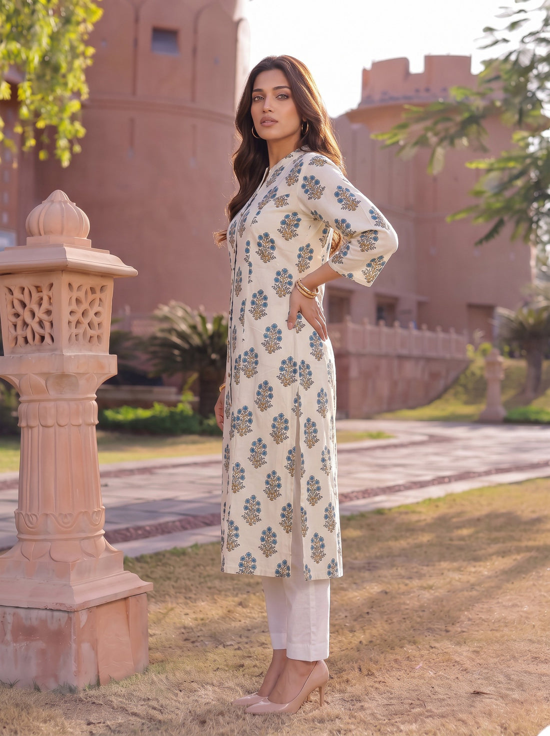 Buy Cotton Printed A-Line Calf Length Kurta-Beige