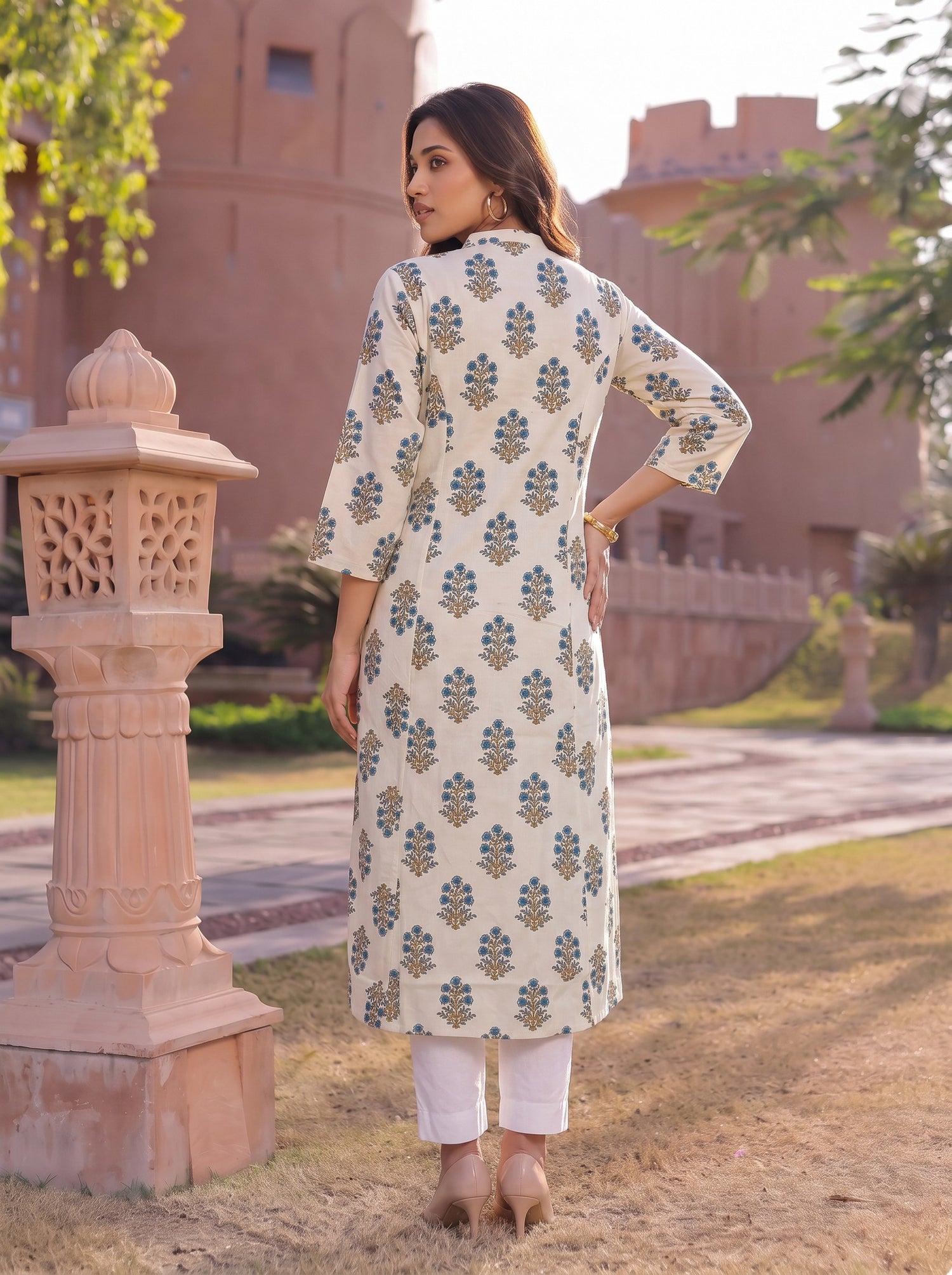 Buy Cotton Printed A-Line Calf Length Kurta-Beige