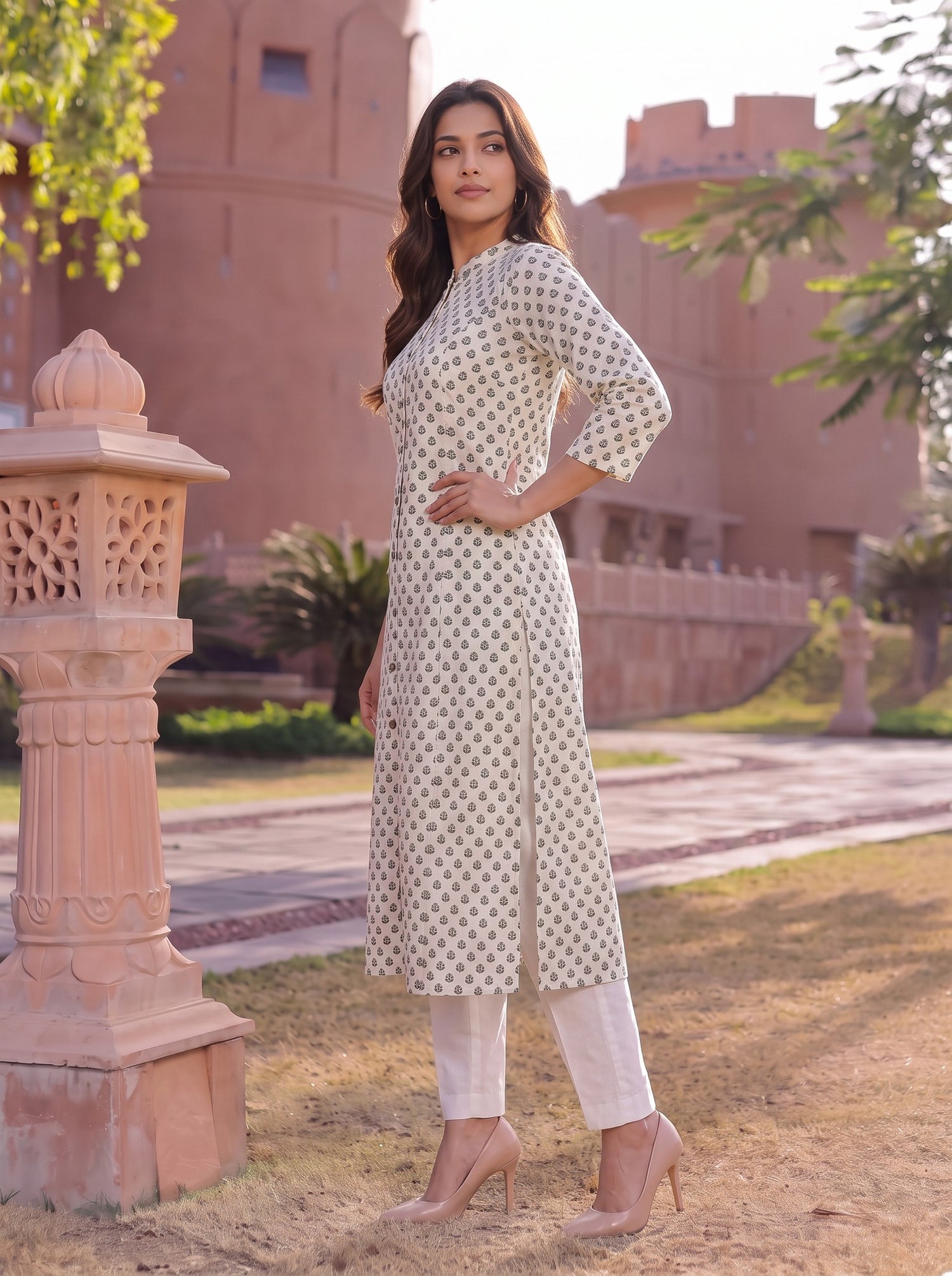 Buy Cotton Printed A-Line Calf Length Kurta-Off White