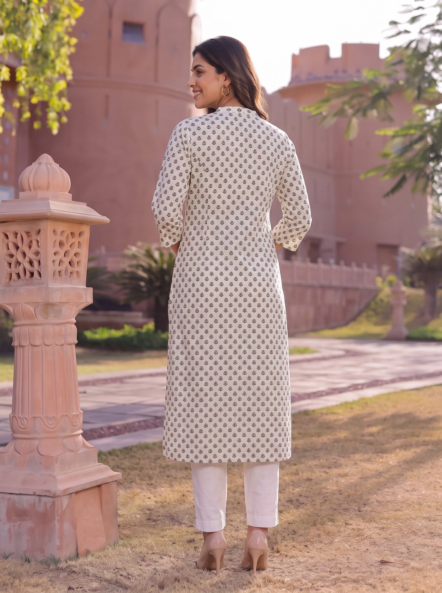 Buy Cotton Printed A-Line Calf Length Kurta-Off White