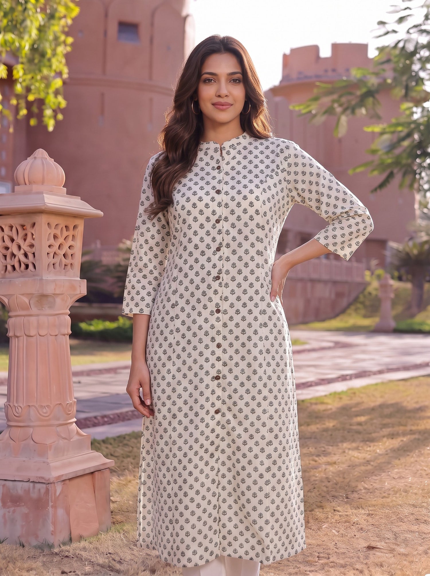 Buy Cotton Printed A-Line Calf Length Kurta-Off White